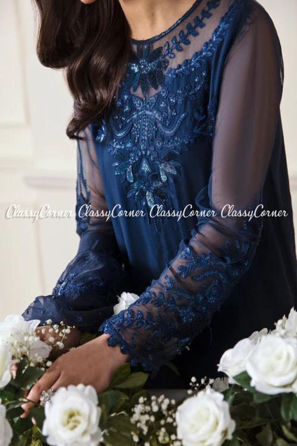 Dark Blue Chiffon Embroidered Party Wear Salwar Kameez