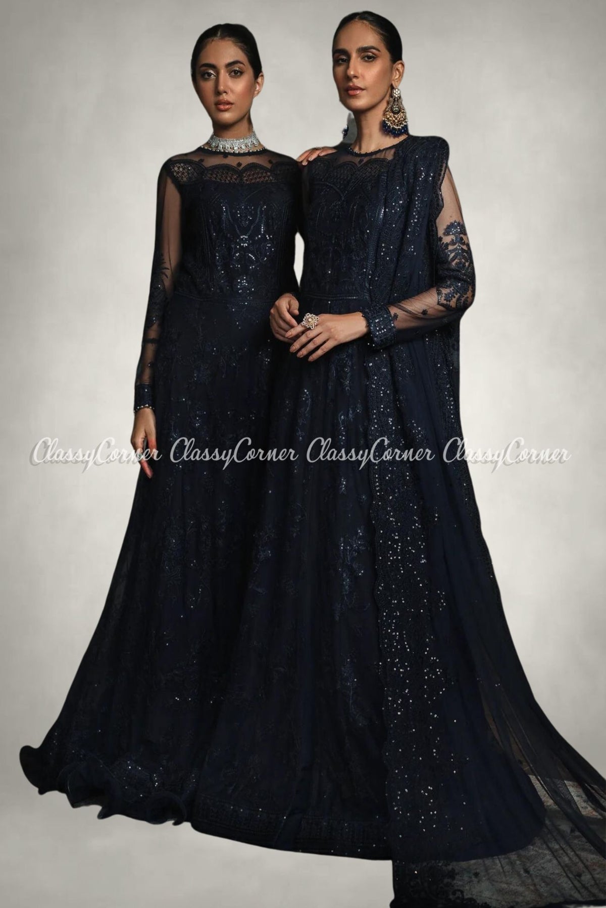 Deep Blue Net Organza Embellished Party Wear Gown Outfits