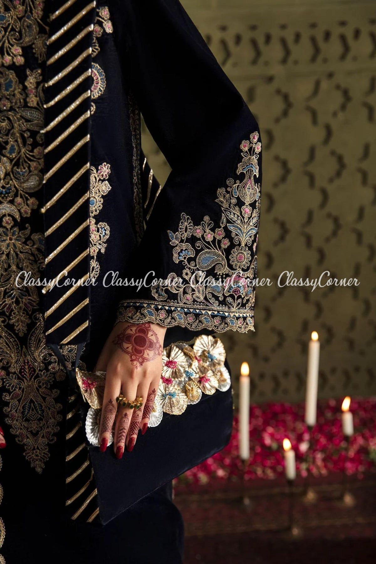 Navy Blue Pink Velvet Embroidered Party Wear Suit