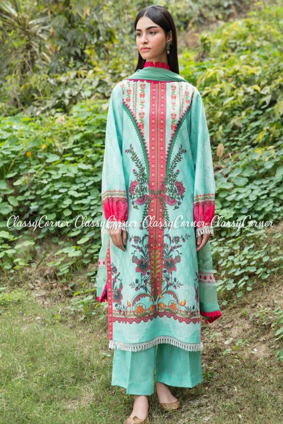 Blue Red Lawn Embroidered Pakistani Salwar Kameez