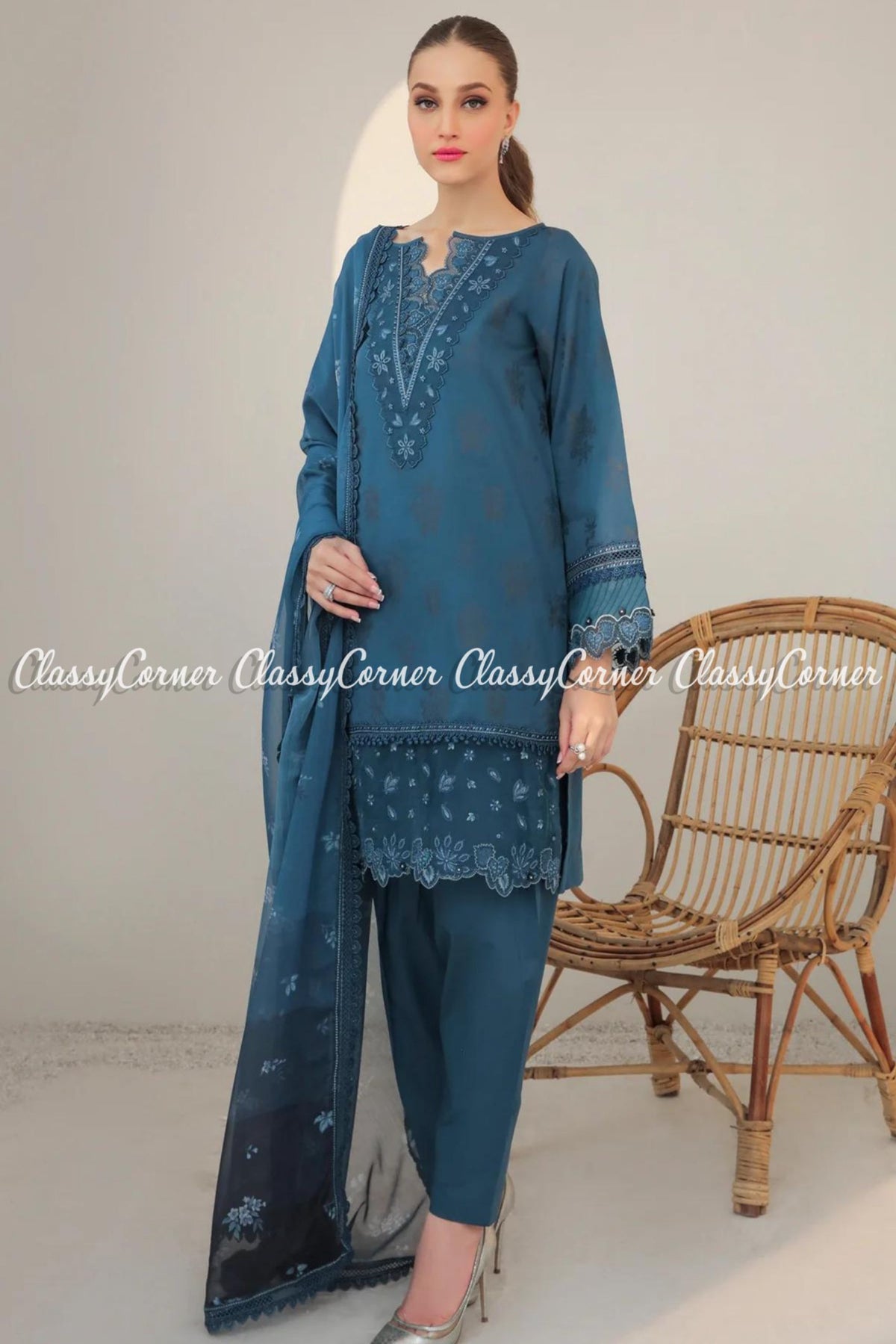 Pakistani Blue Jacquard Lawn Embroidered Salwar Kameez