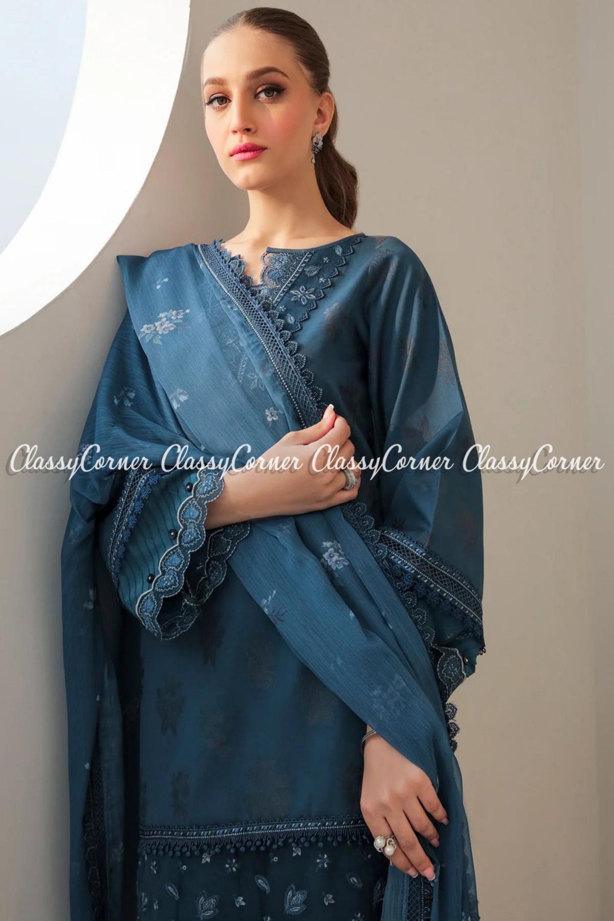 Pakistani Blue Jacquard Lawn Embroidered Salwar Kameez