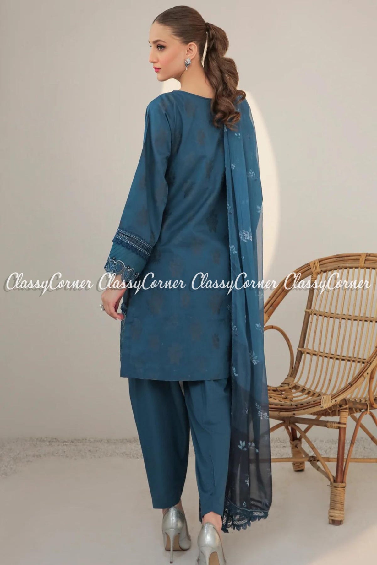 Pakistani Blue Jacquard Lawn Embroidered Salwar Kameez