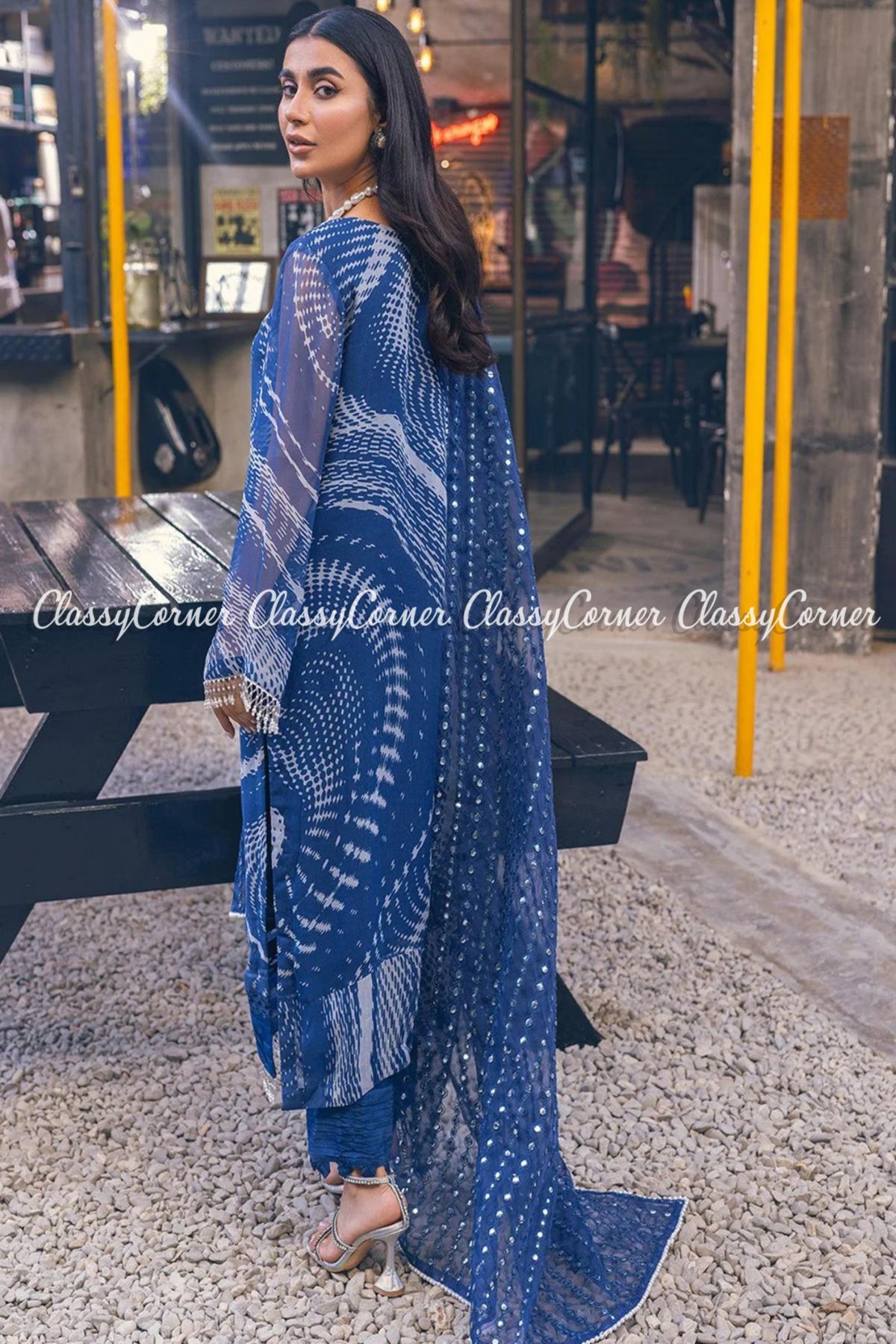 Blue White Chiffon Embroidered Formal Wear Salwar Kameez