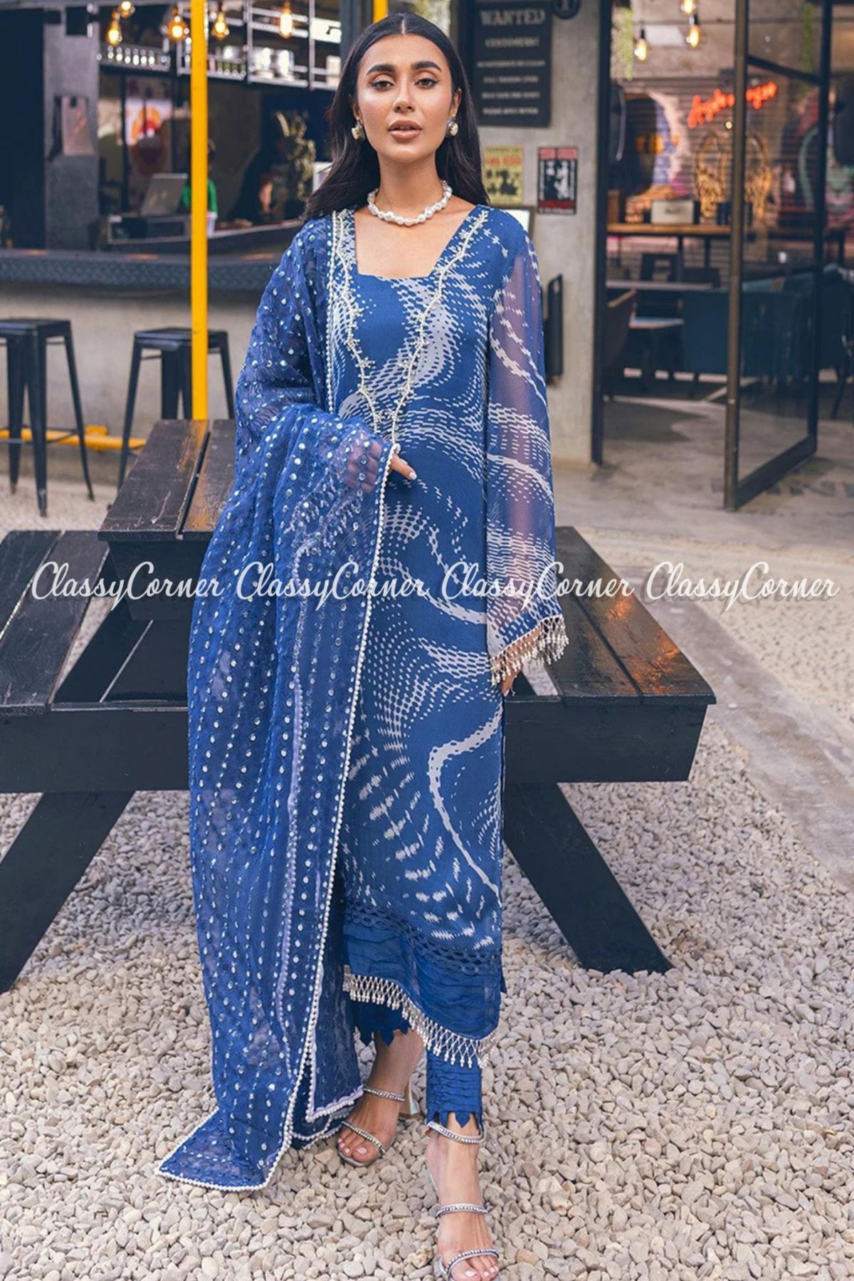 Blue White Chiffon Embroidered Formal Wear Salwar Kameez