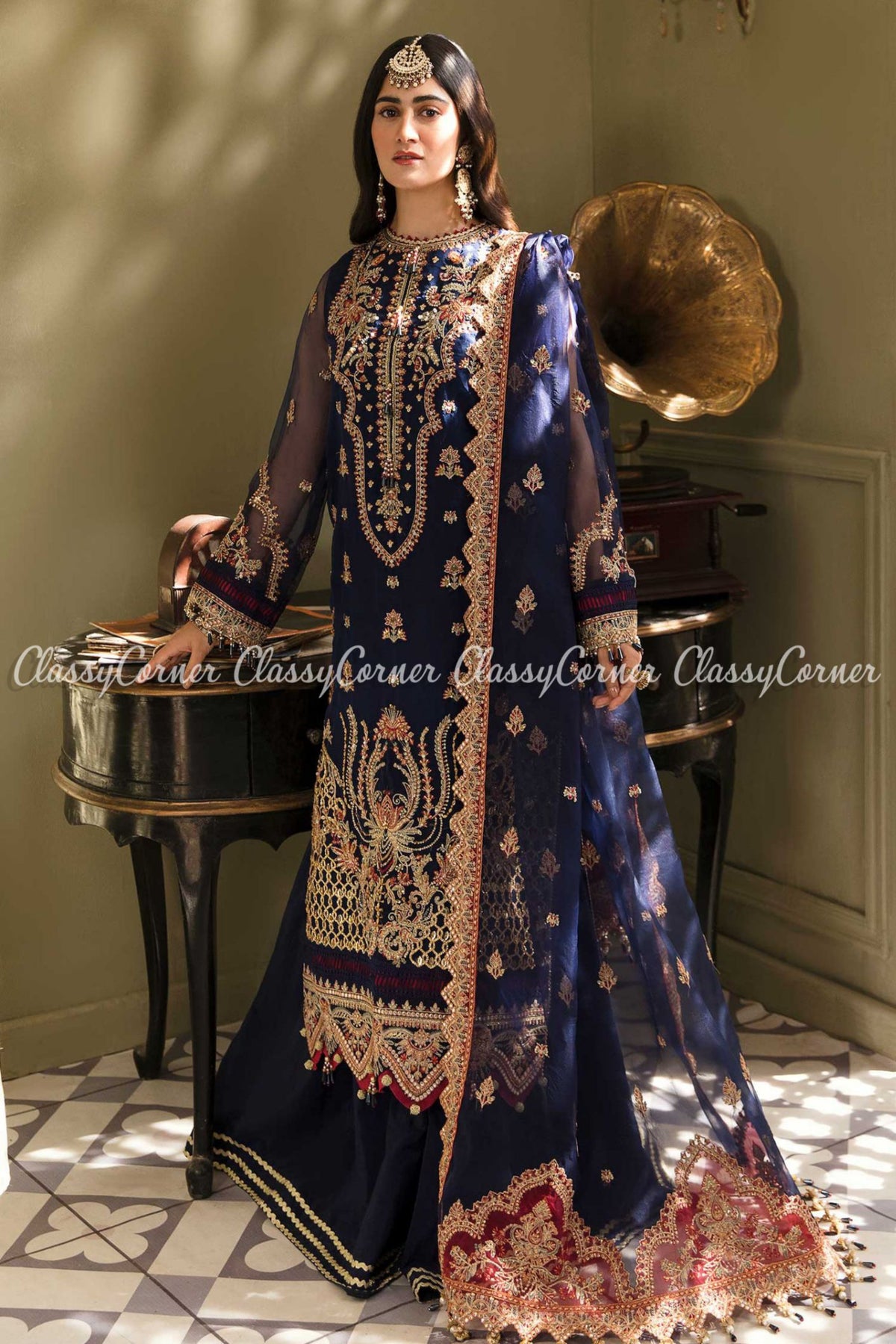 Pakistani Dark Blue Golden Embroidered Sharara Dress