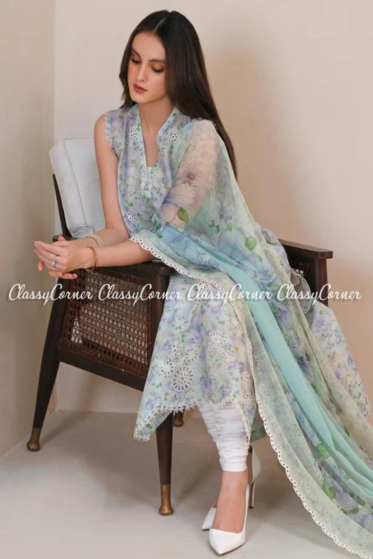 Sky Blue White Digital Printed Lawn Embroidered Salwar Kameez