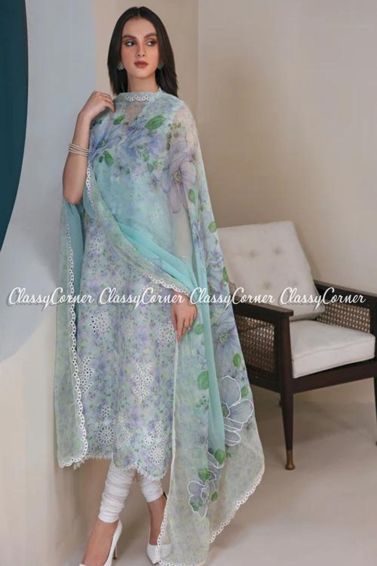 Sky Blue White Digital Printed Lawn Embroidered Salwar Kameez