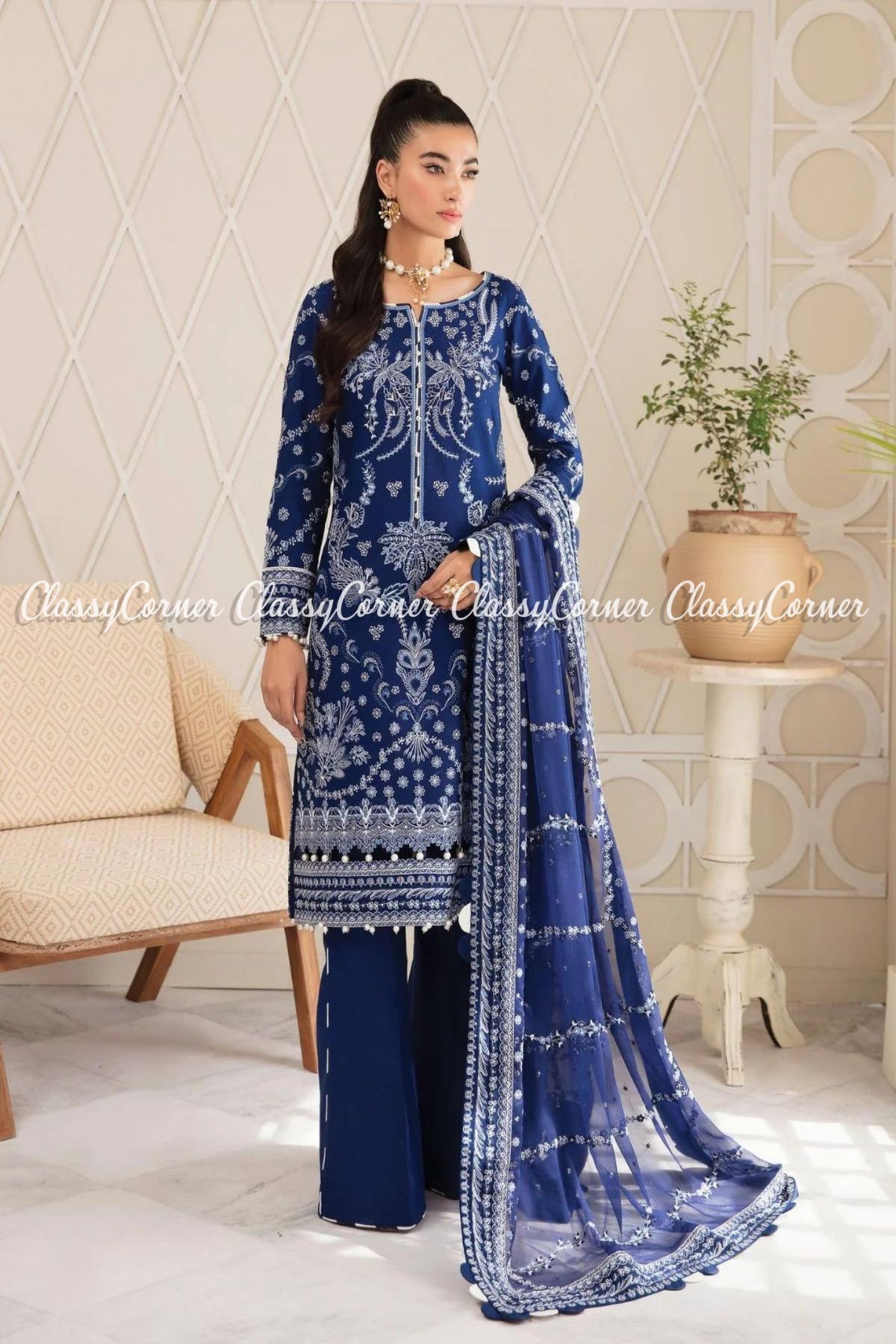 Dark Blue White Lawn Embroidered Pakistani Salwar Kameez