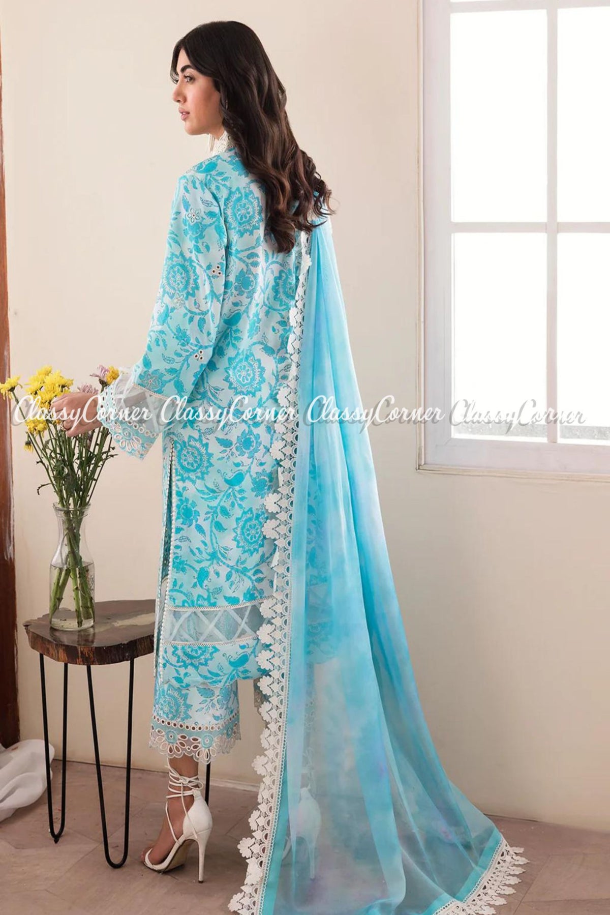 Sky Blue White Printed Lawn Embroidered Salwar Kameez