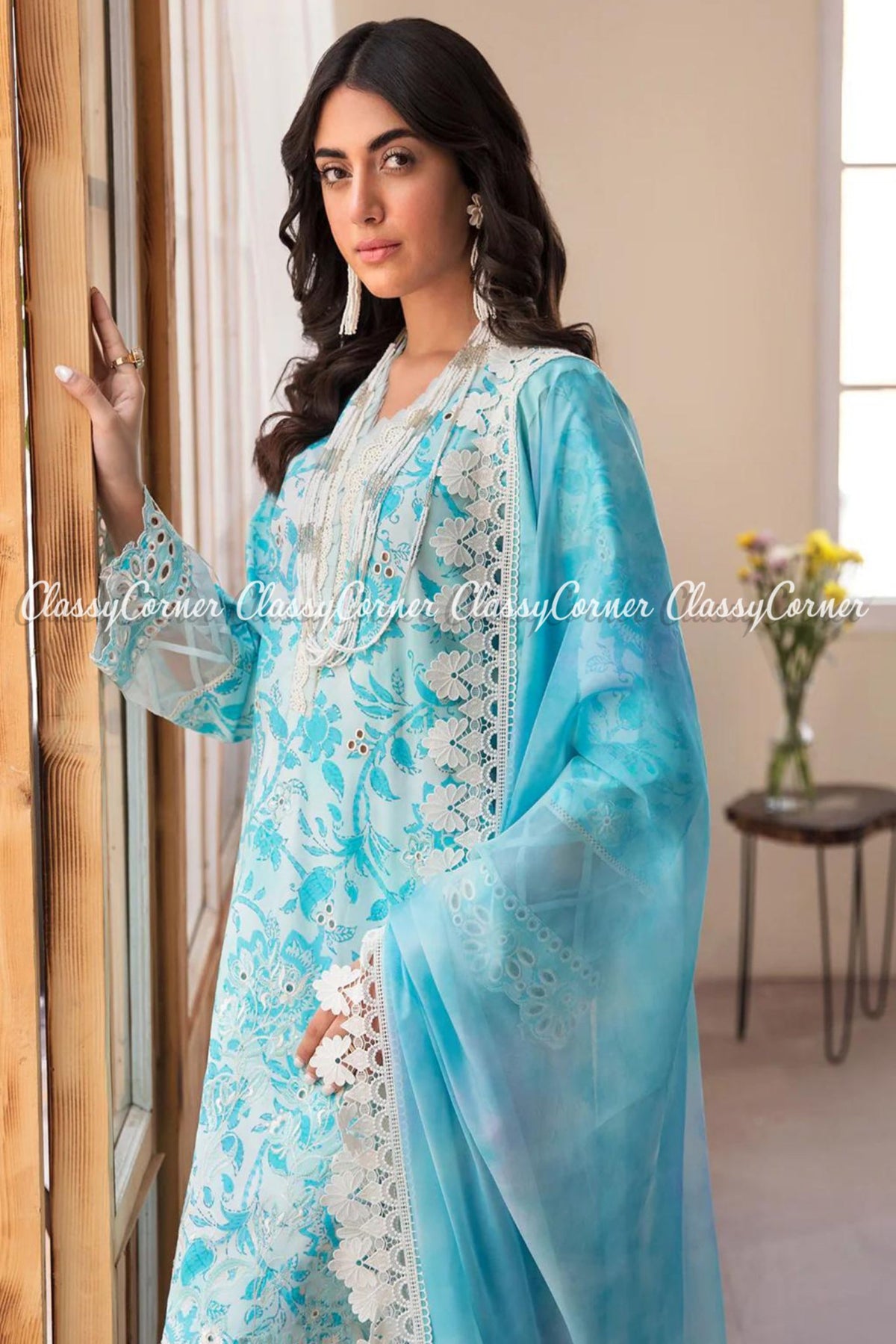 Sky Blue White Printed Lawn Embroidered Salwar Kameez