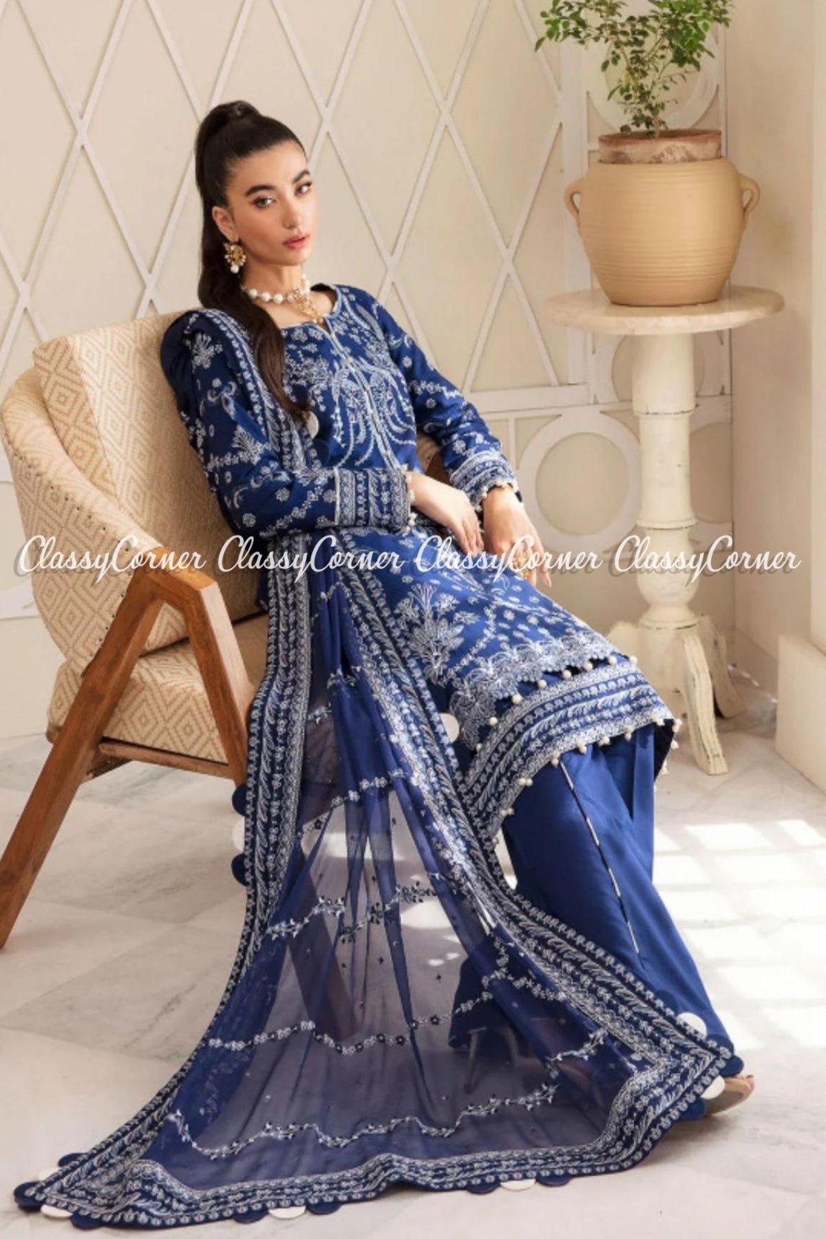 Dark Blue White Lawn Embroidered Pakistani Salwar Kameez