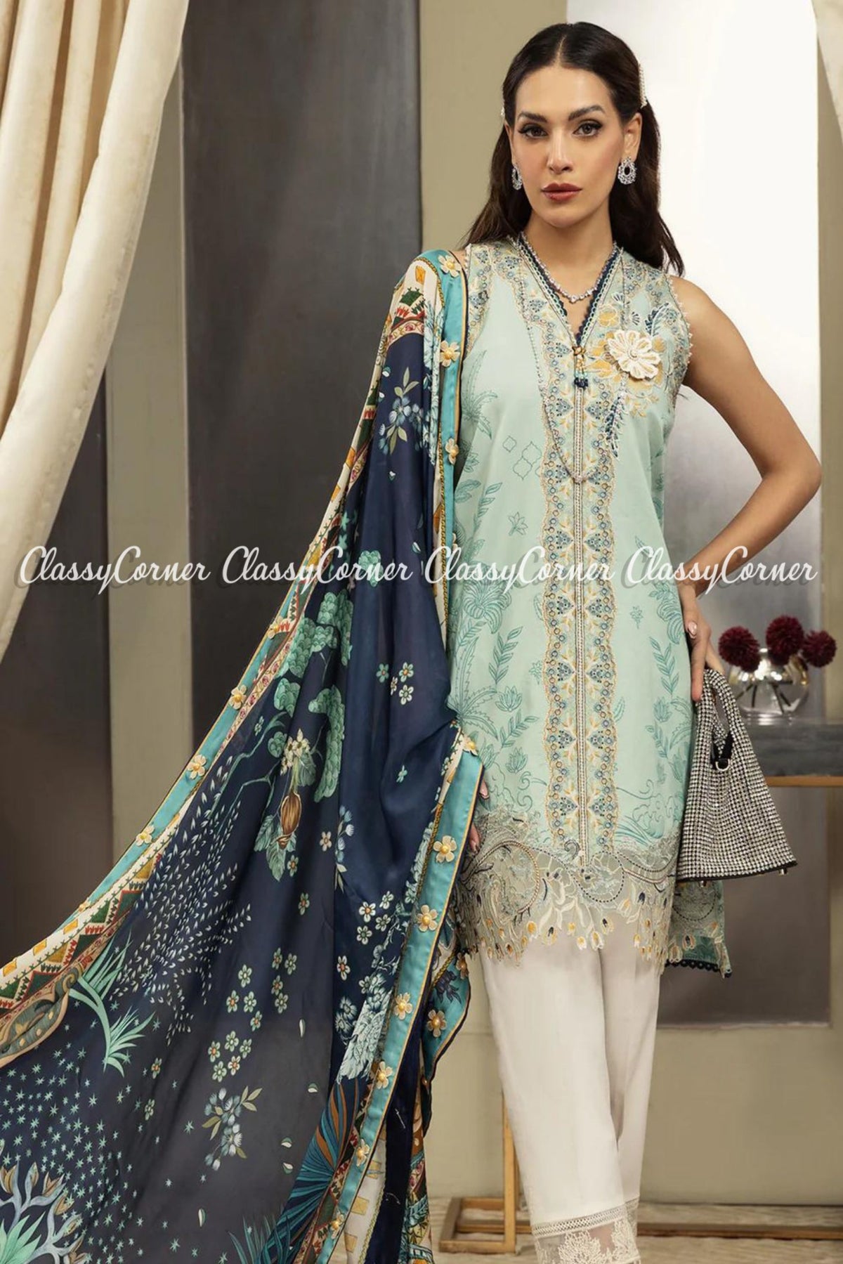 Blue White Lawn Embroidered Formal Wear Outfit