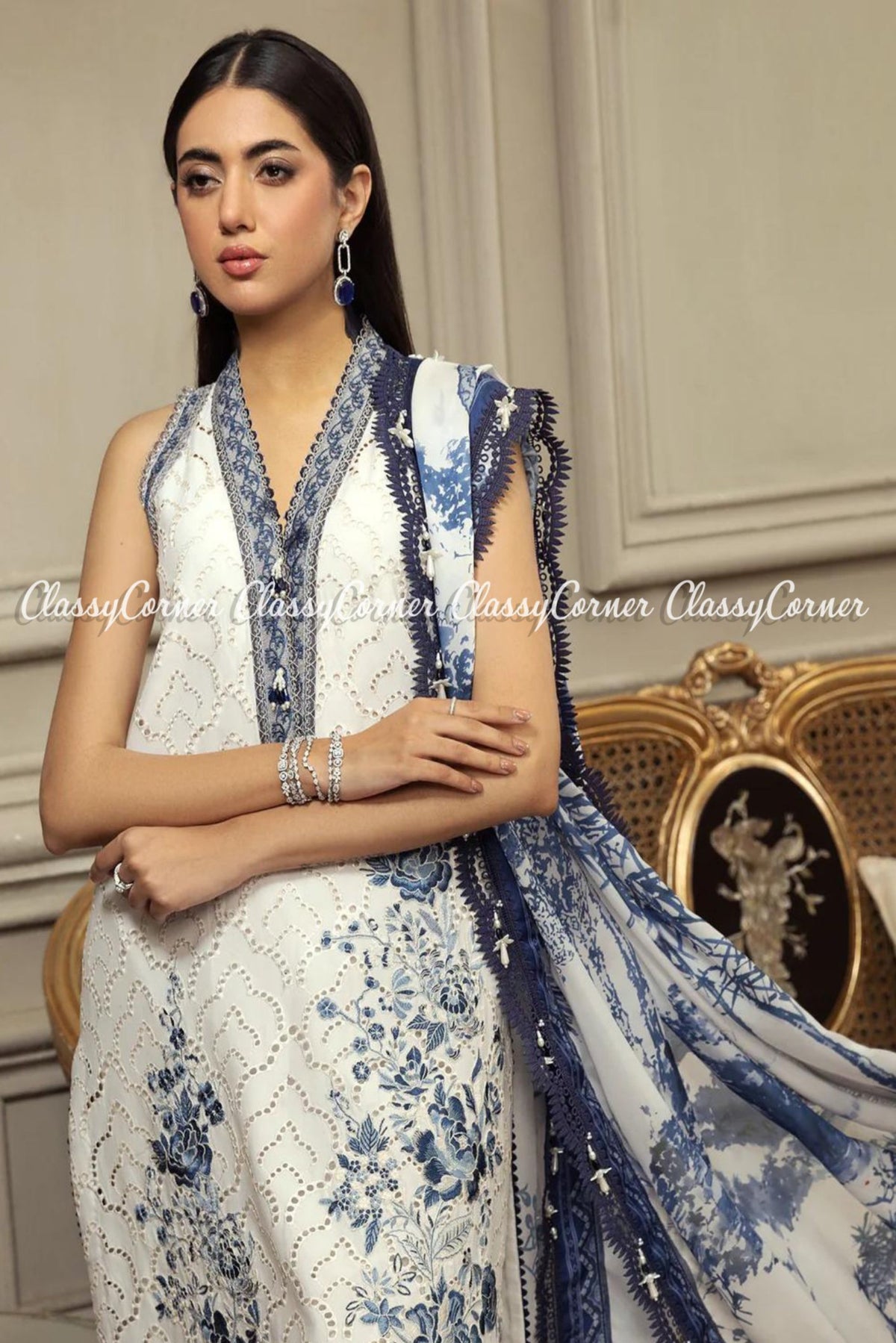 Blue White Lawn Embroidered Pakistani Salwar Kameez