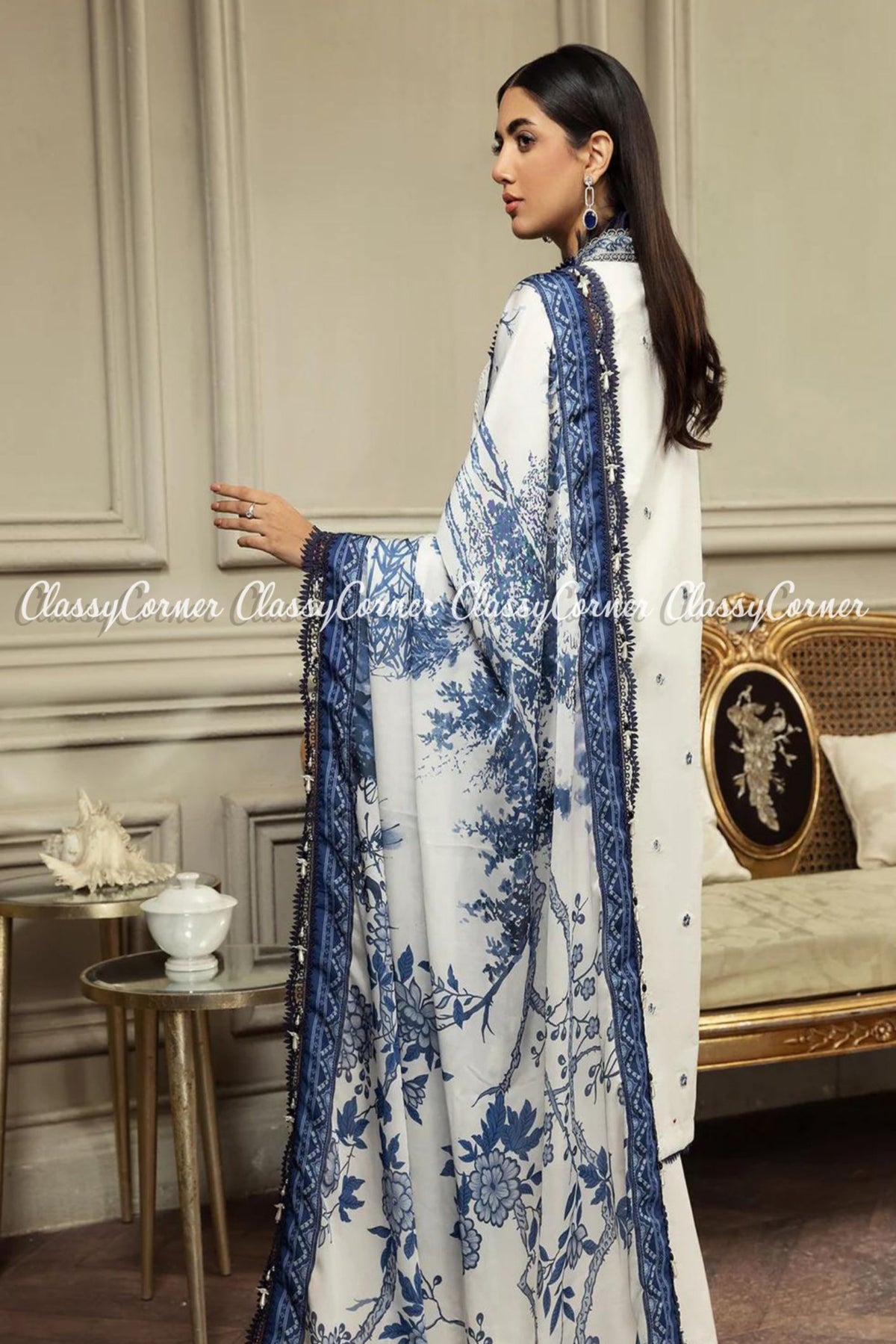 Blue White Lawn Embroidered Pakistani Salwar Kameez