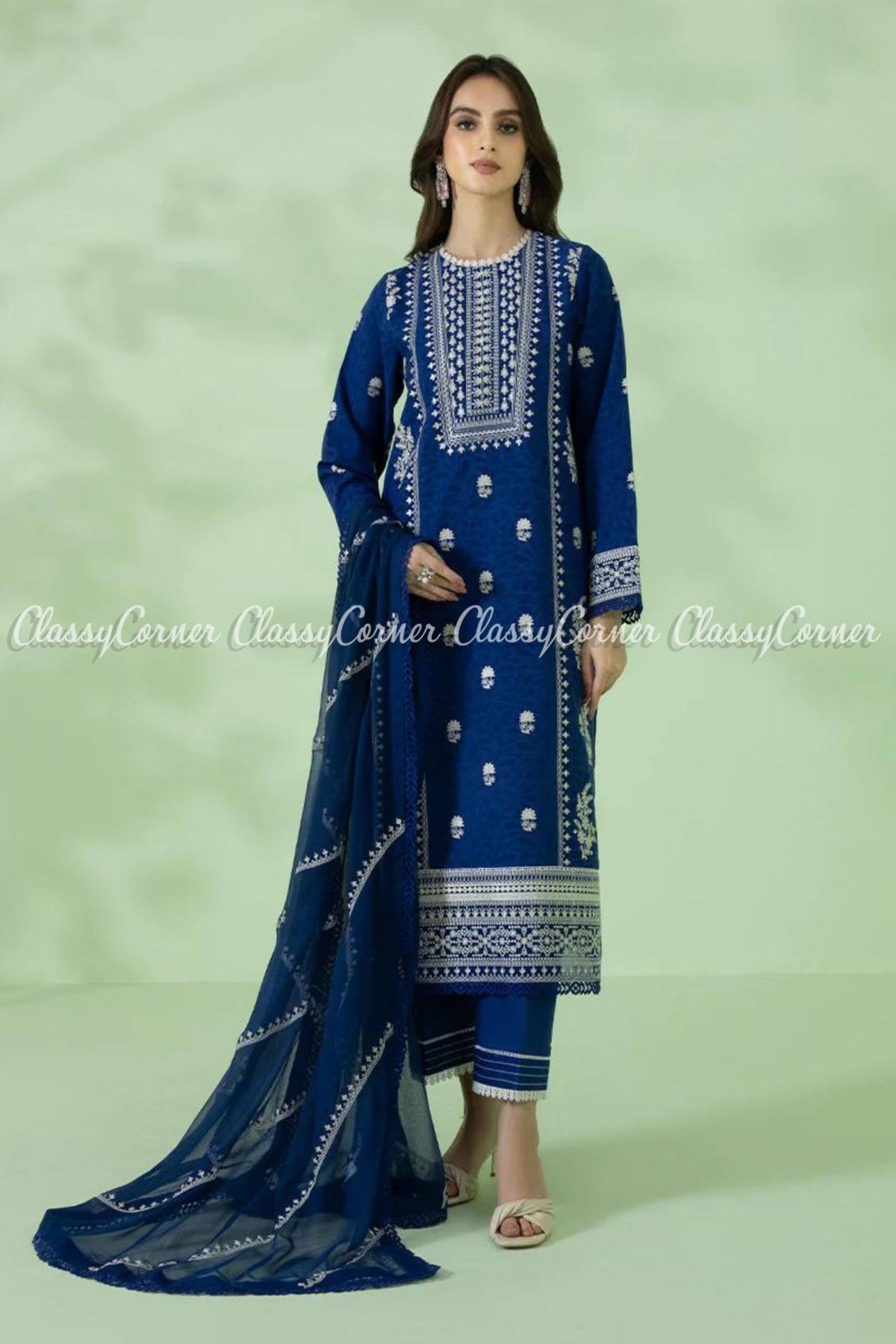 Blue White Cotton Jacquard Embroidered Pakistani Salwar Kameez