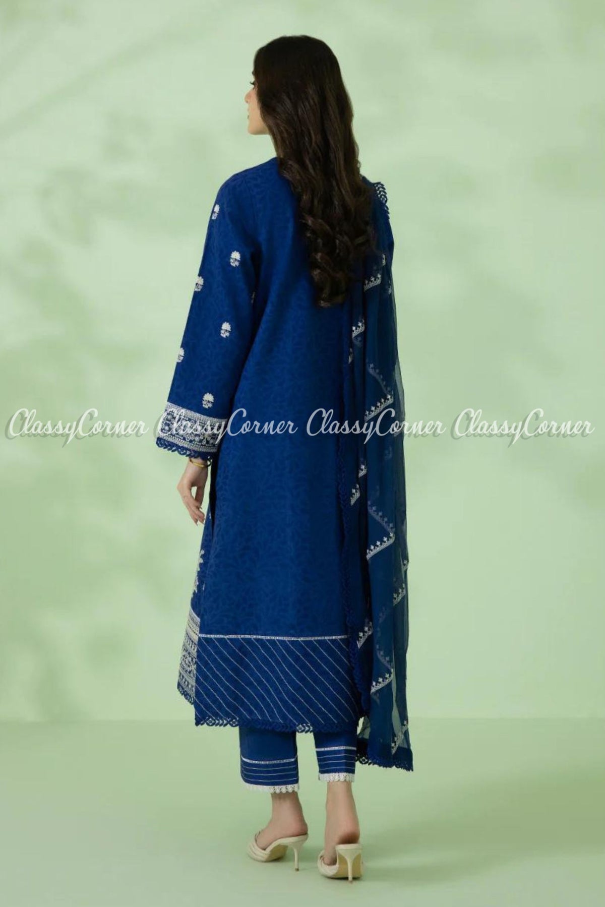 Blue White Cotton Jacquard Embroidered Pakistani Salwar Kameez