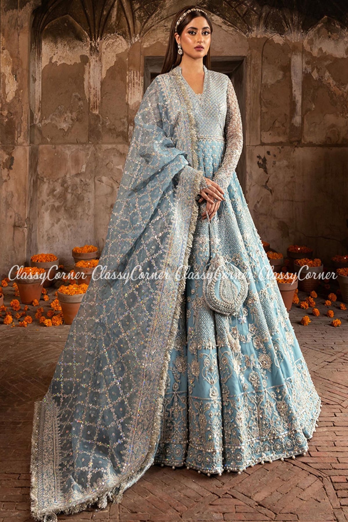 Blue Silver Net Embroidered Bridal Wear Lehenga Outfit
