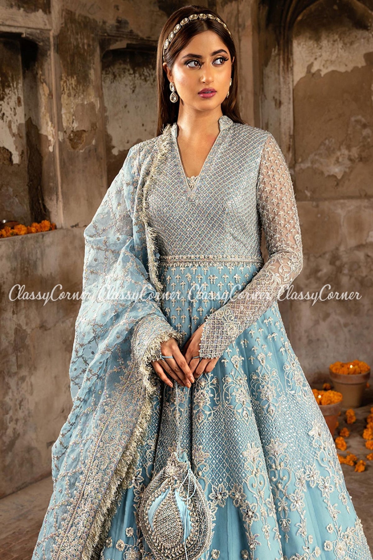 Blue Silver Net Embroidered Bridal Wear Lehenga Outfit