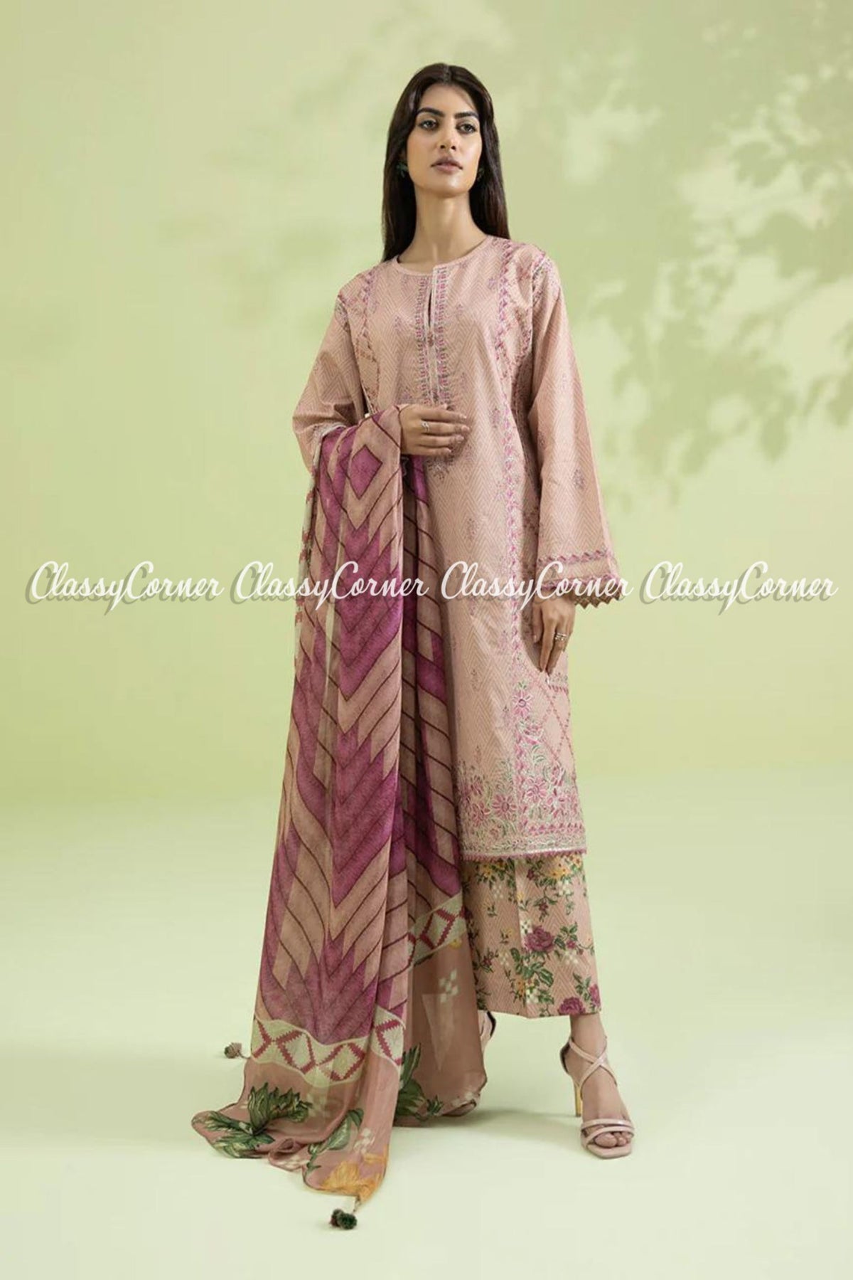 Pink Purple Lawn Embroidered Formal Wear 3 Piece Dress