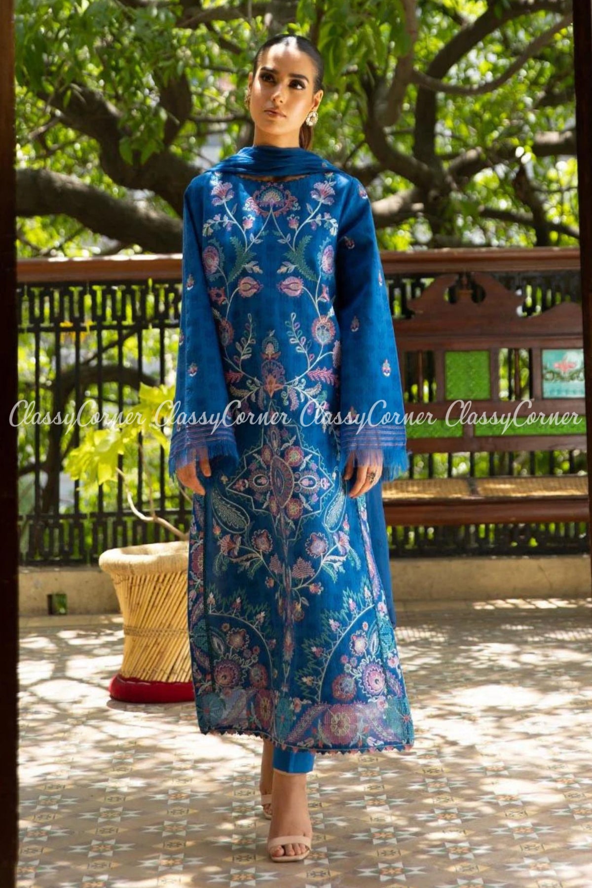 Bright Blue Floral Embroidered Formal Wear Salwar Kameez