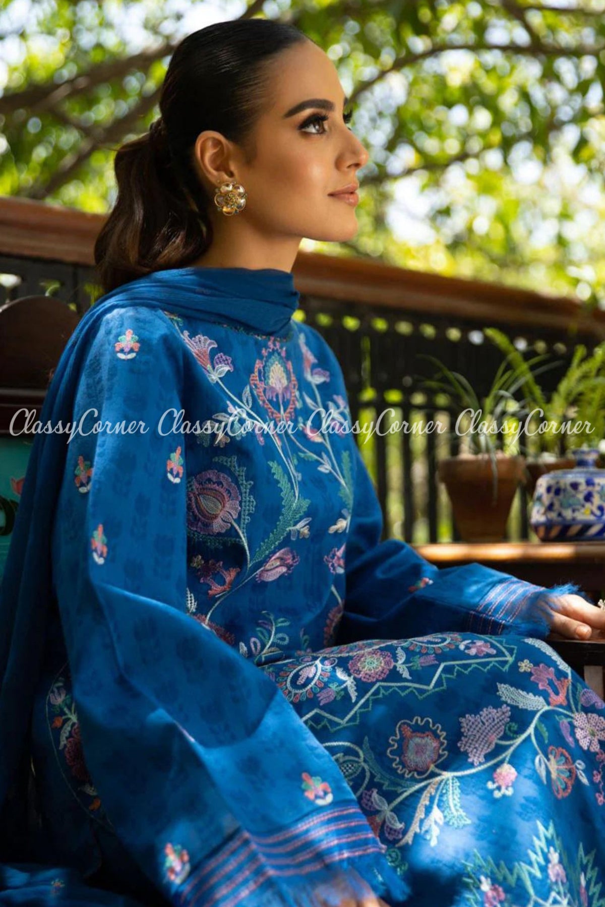 Bright Blue Floral Embroidered Formal Wear Salwar Kameez