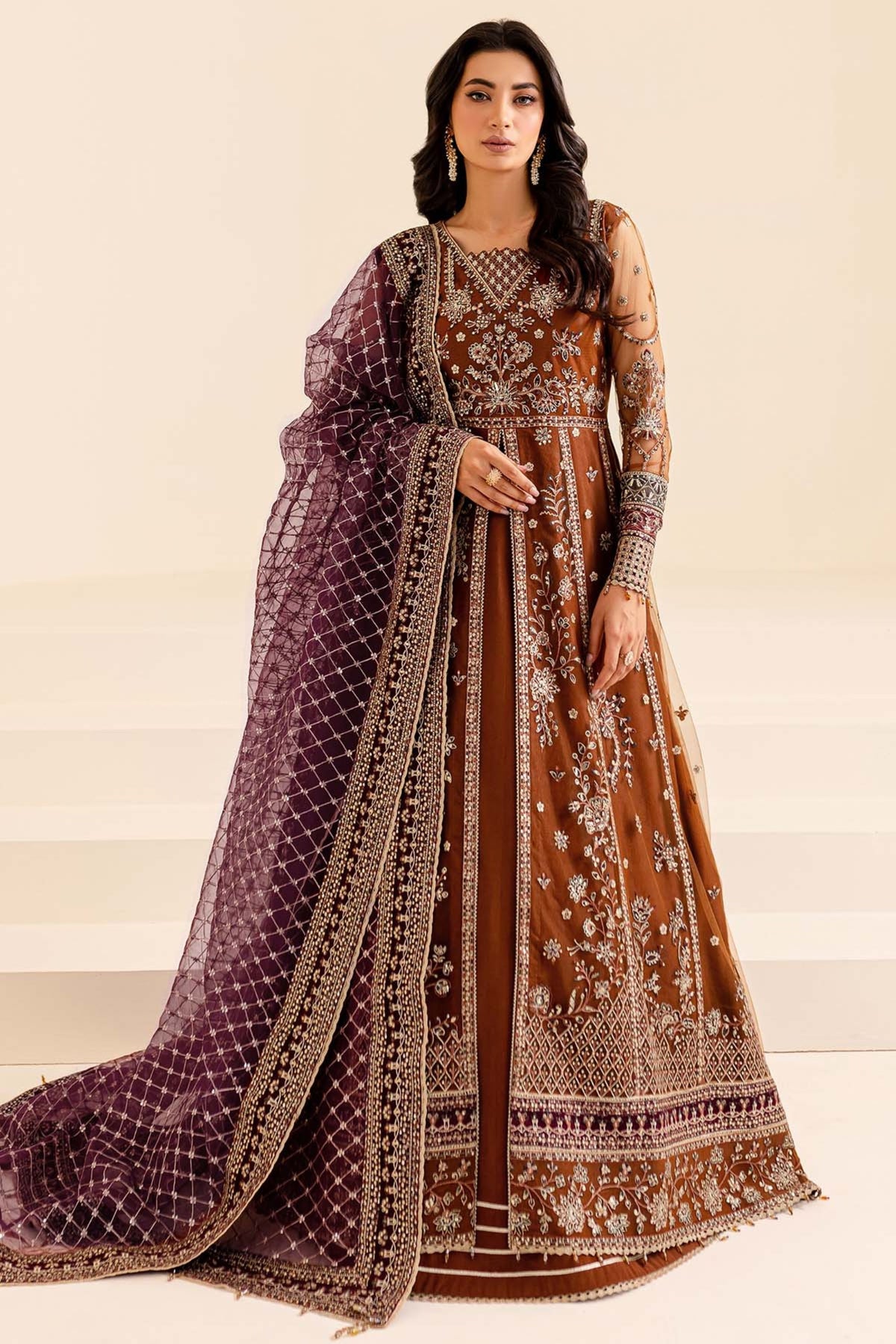 Rust Brown Net Wedding Wear Outfit