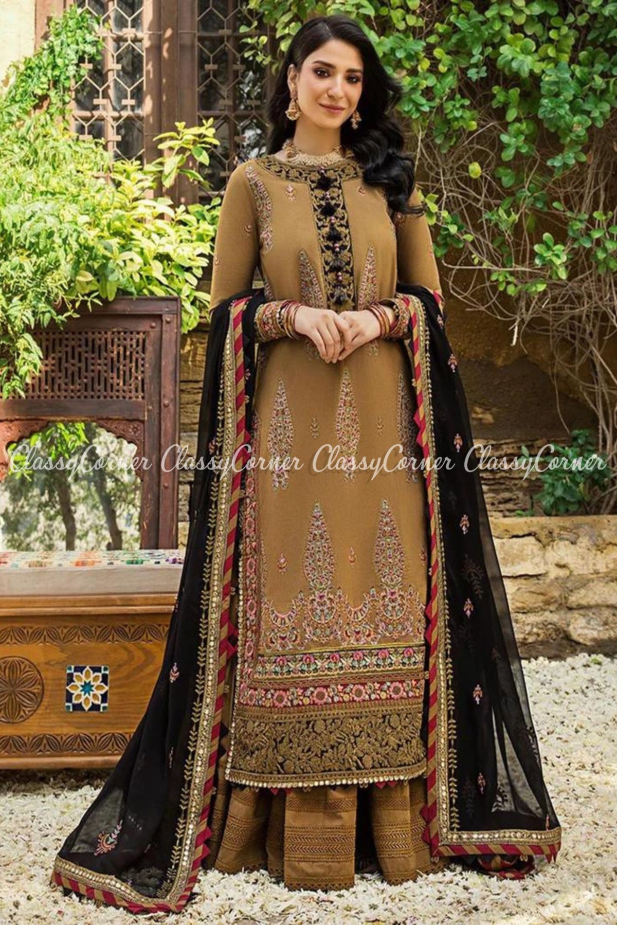 Pakistani Brown Black Lawn Embroidered Gharara Dress