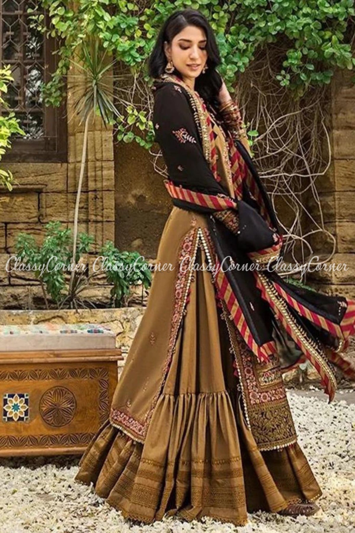 Pakistani Brown Black Lawn Embroidered Gharara Dress