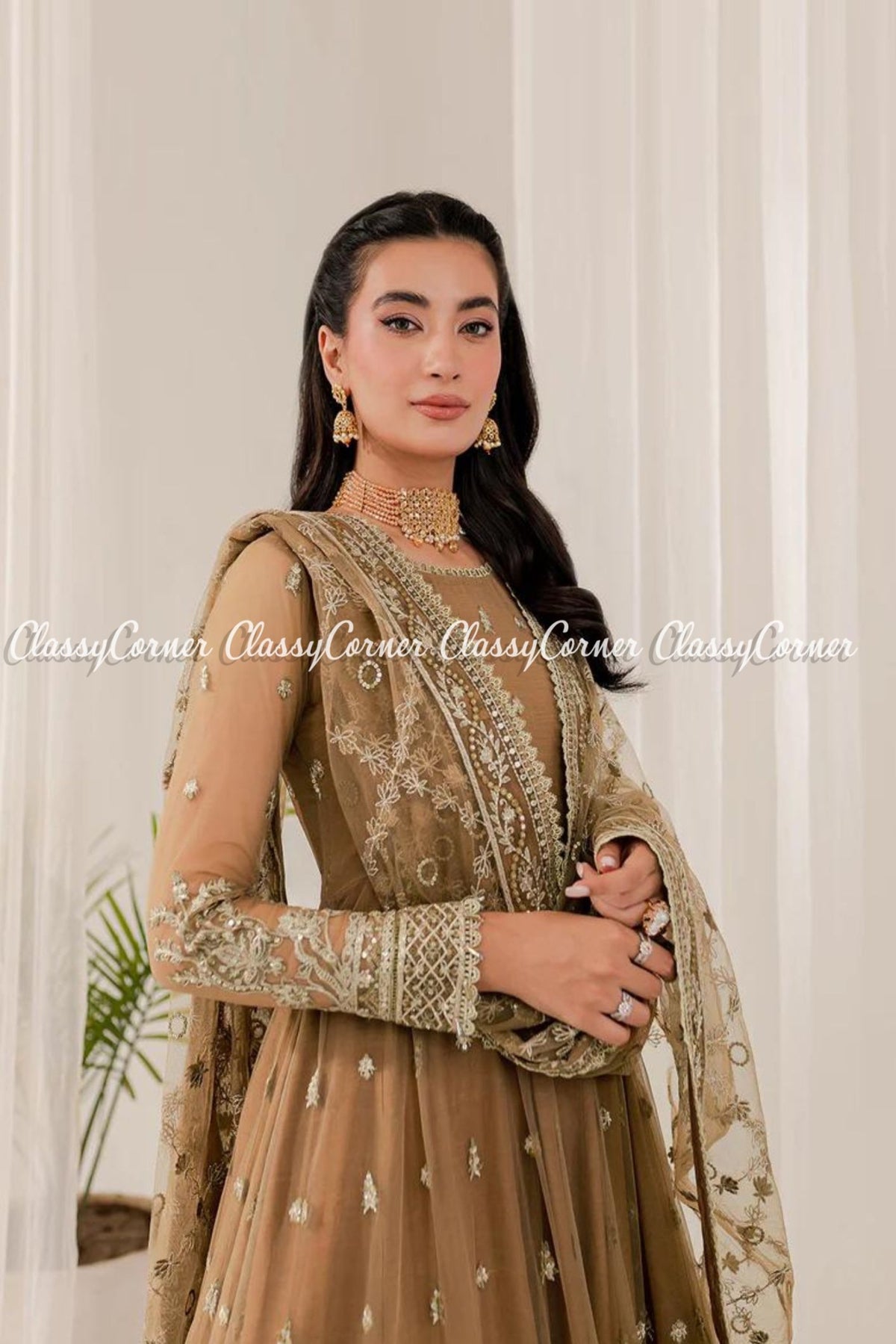 Brown Golden Net Embroidered Pakistani Gown Outfit