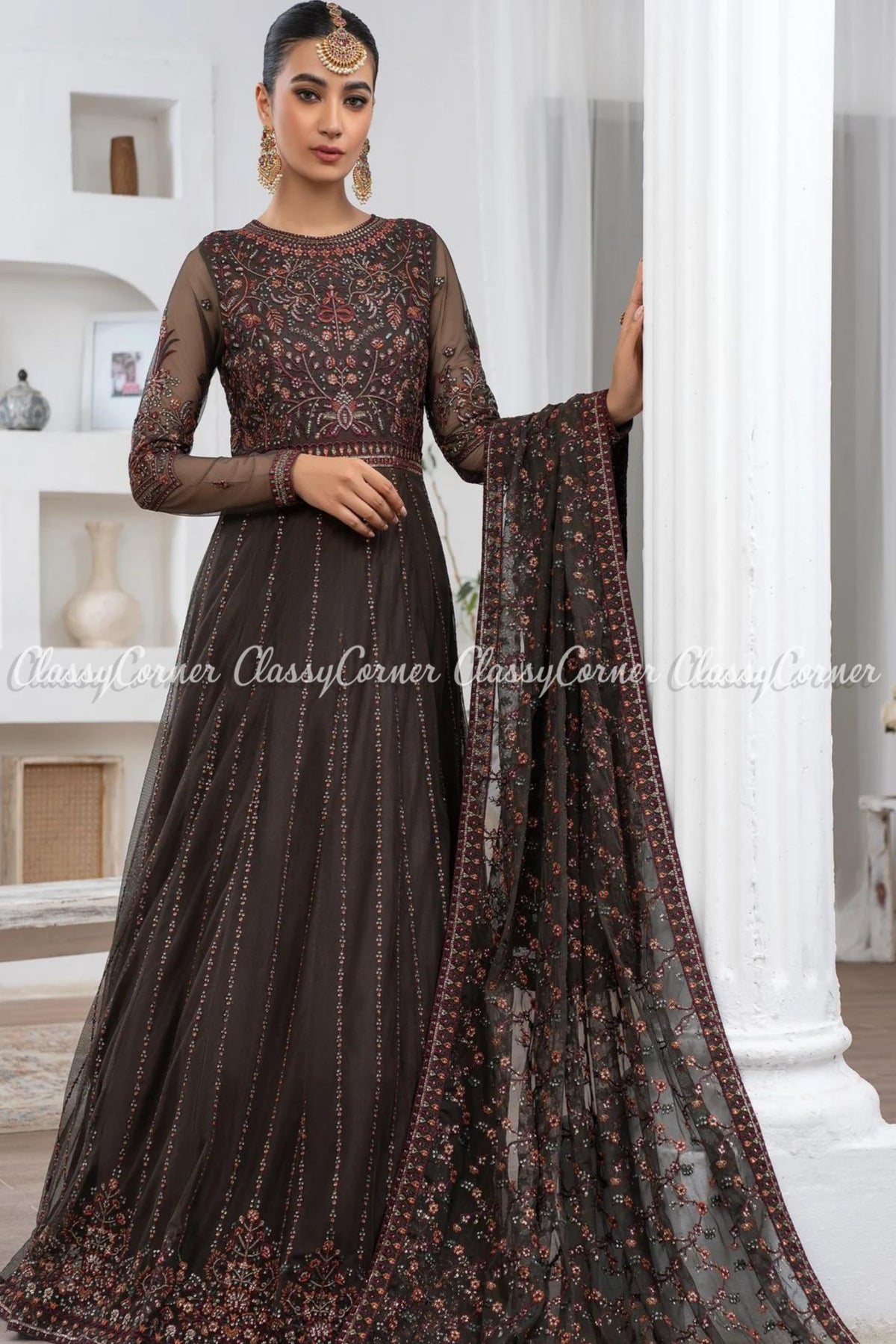 Dark Brown Multi Net Embroidered Party Wear Gown Saree