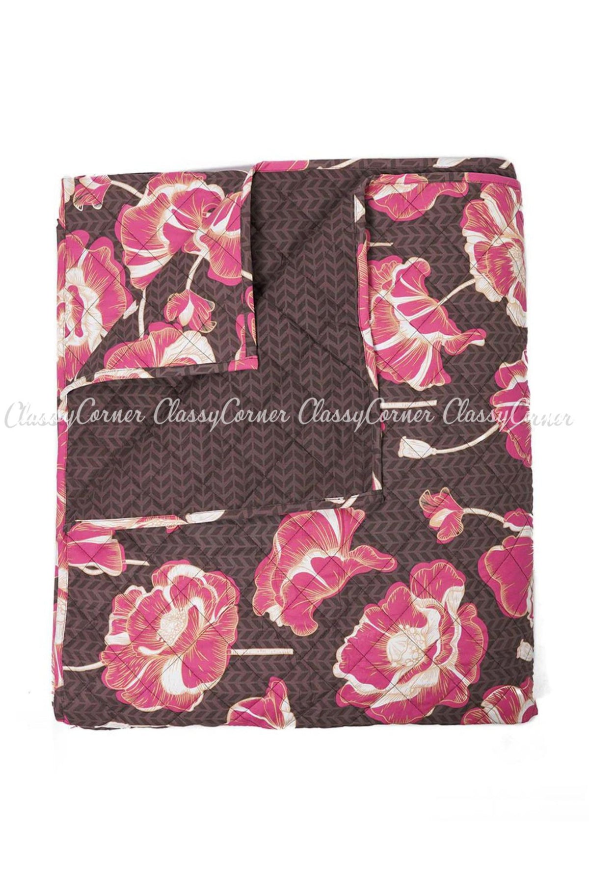 Brown Pink Cotton Floral Printed Bedspread Set