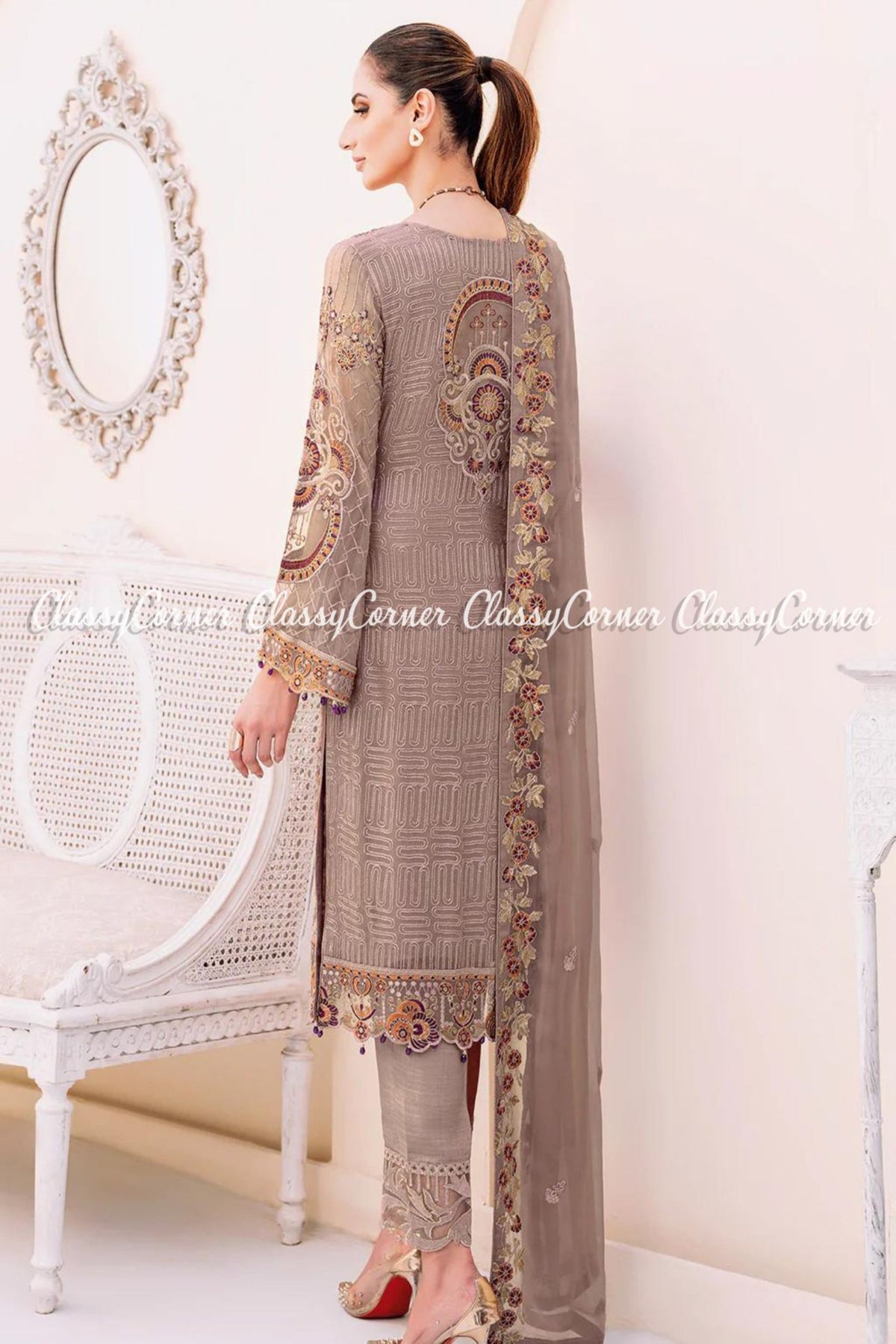 Brown Red Chiffon Embroidered Pakistani Salwar Kameez