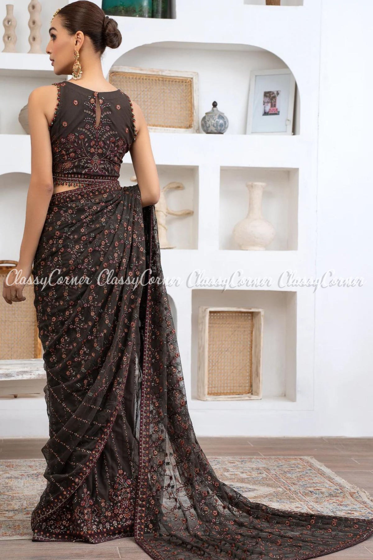 Dark Brown Multi Net Embroidered Party Wear Gown Saree