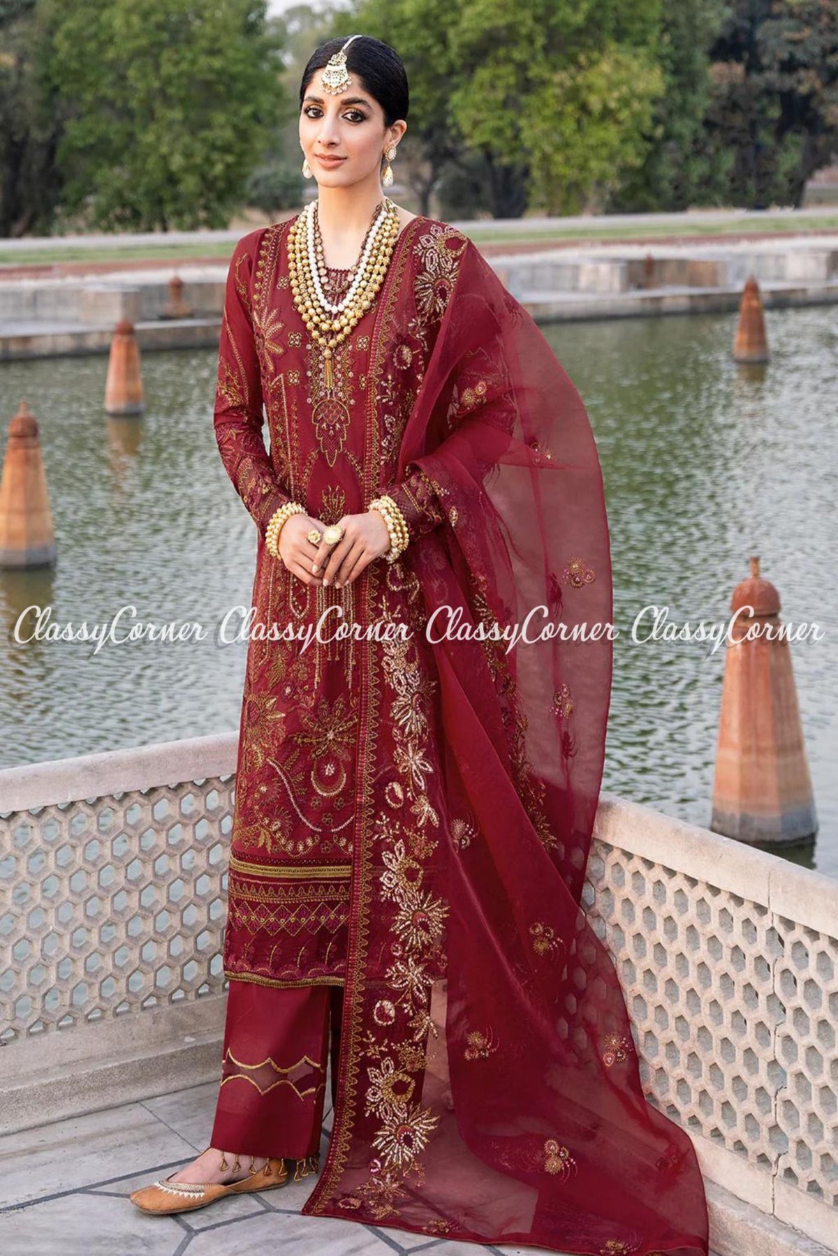 Burgundy Lawn Embroidered Formal Wear Salwar Kameez