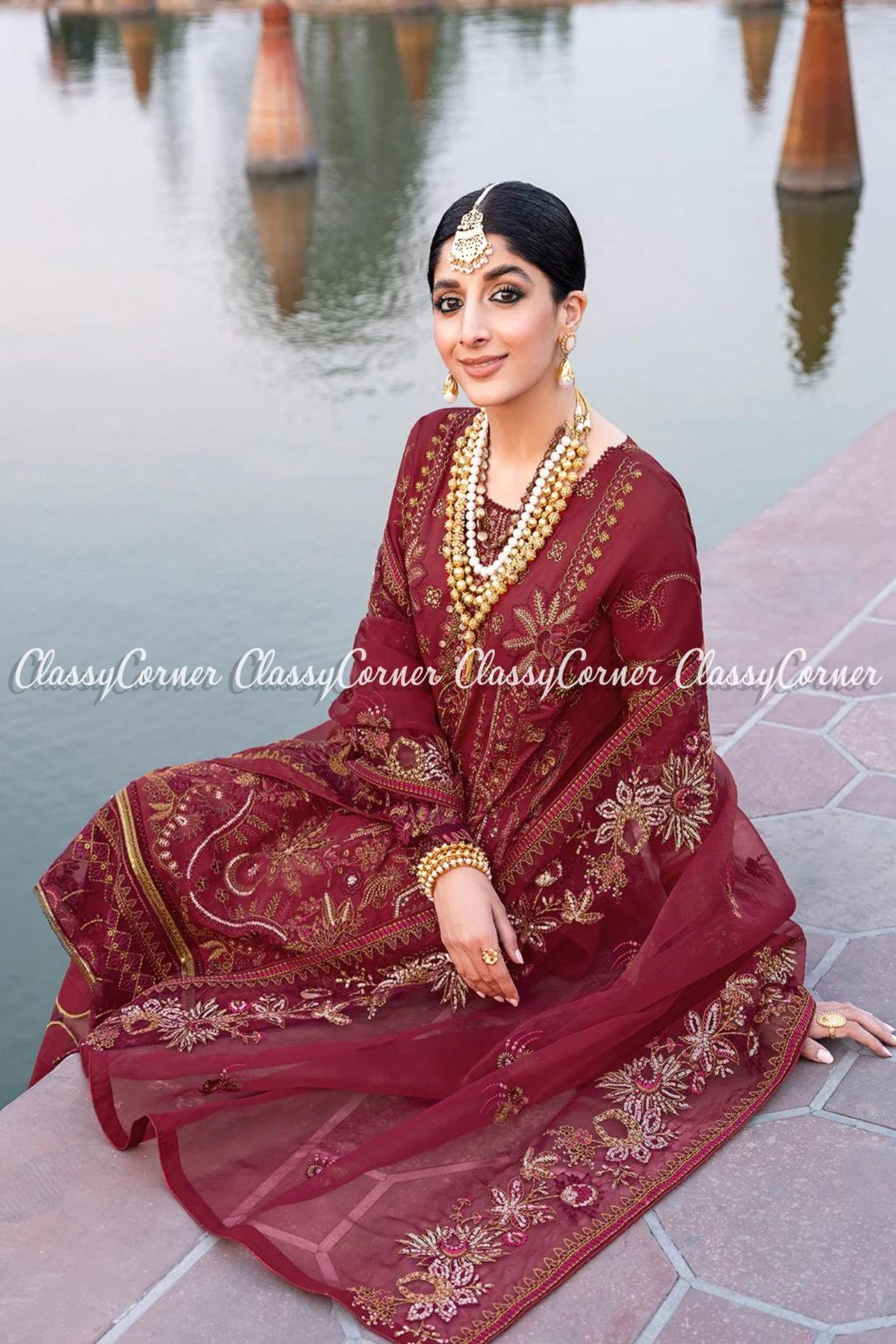 Burgundy Lawn Embroidered Formal Wear Salwar Kameez