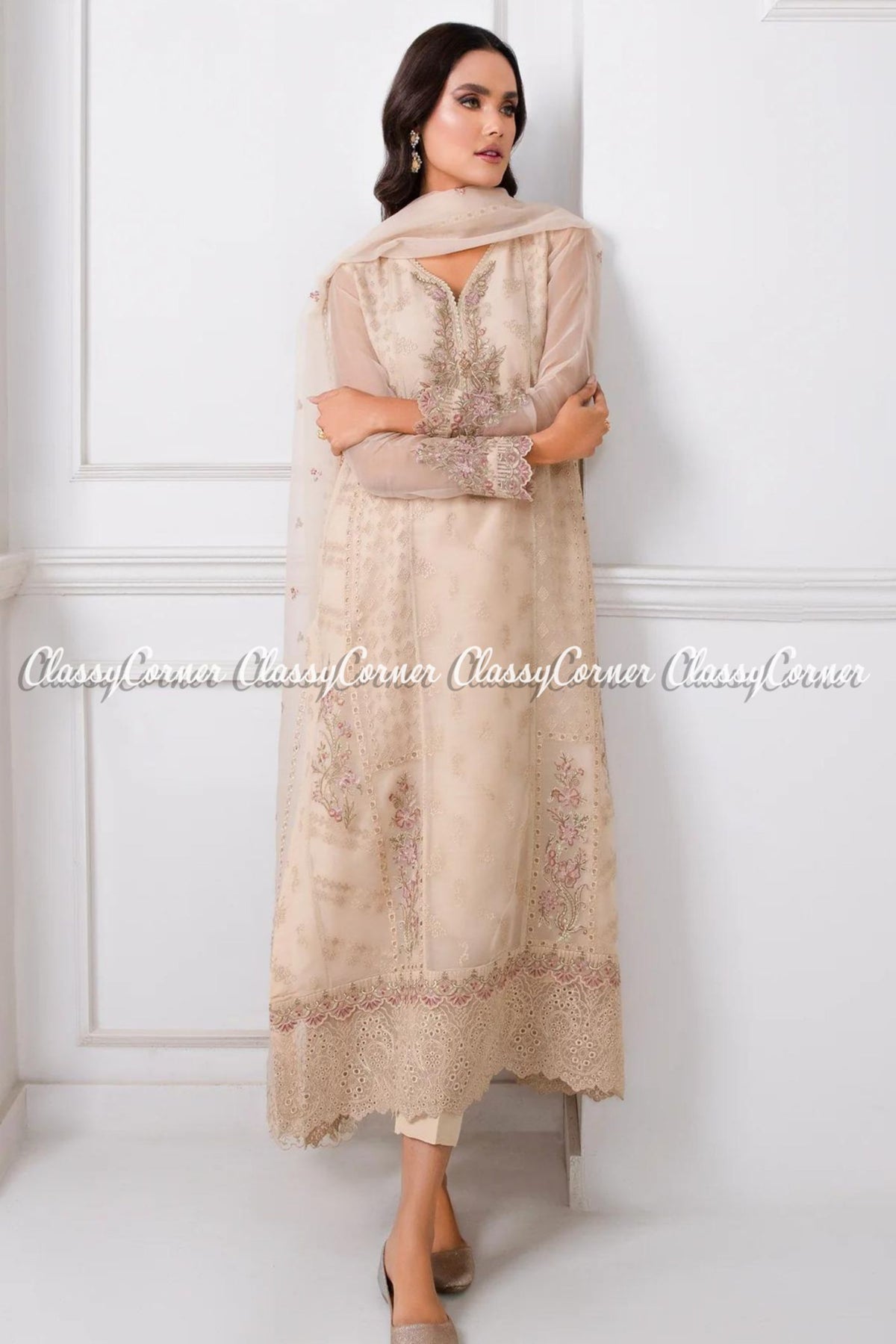 Cream Beige Chiffon Embroidered Formal Wear Salwar Kameez