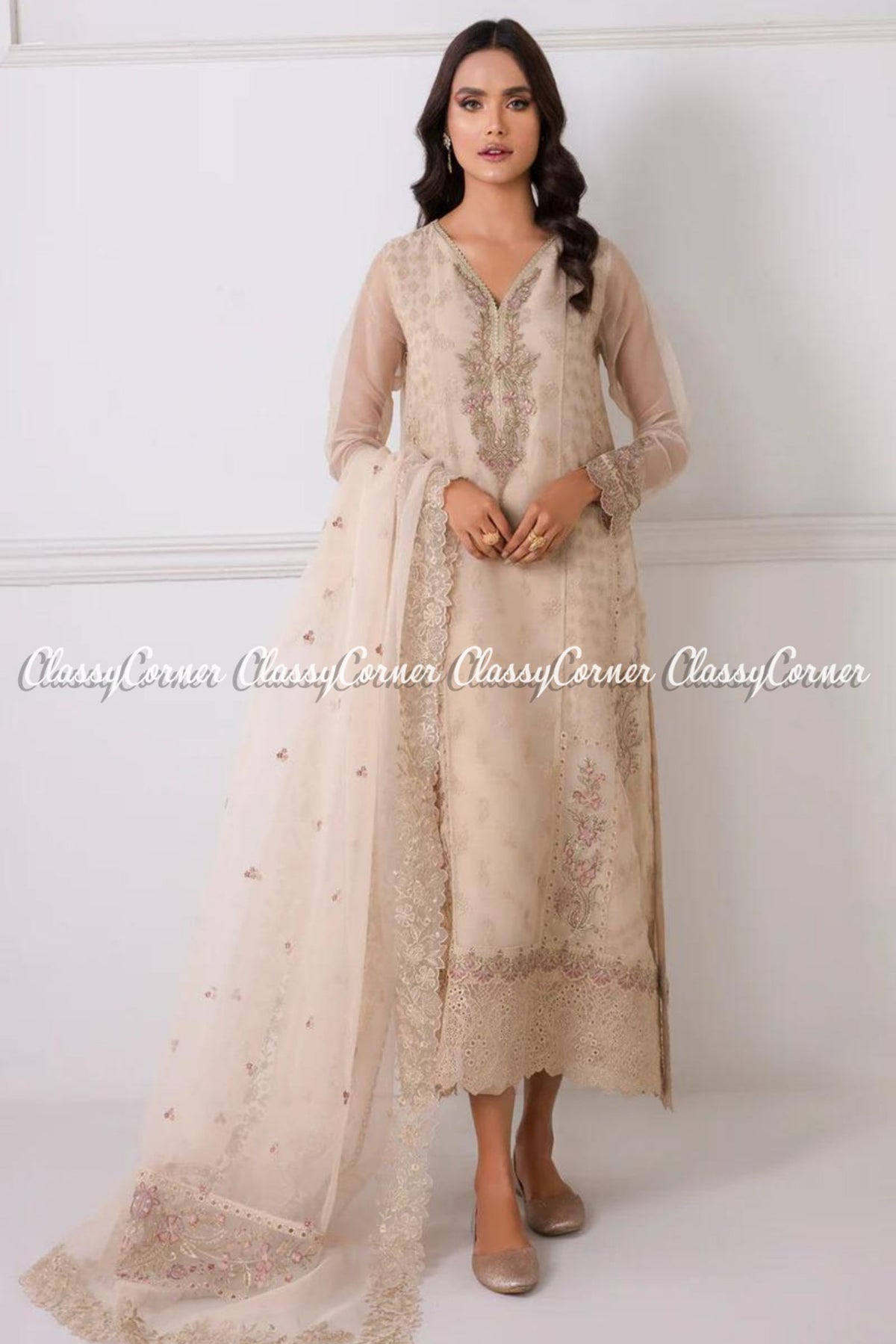 Cream Beige Chiffon Embroidered Formal Wear Salwar Kameez