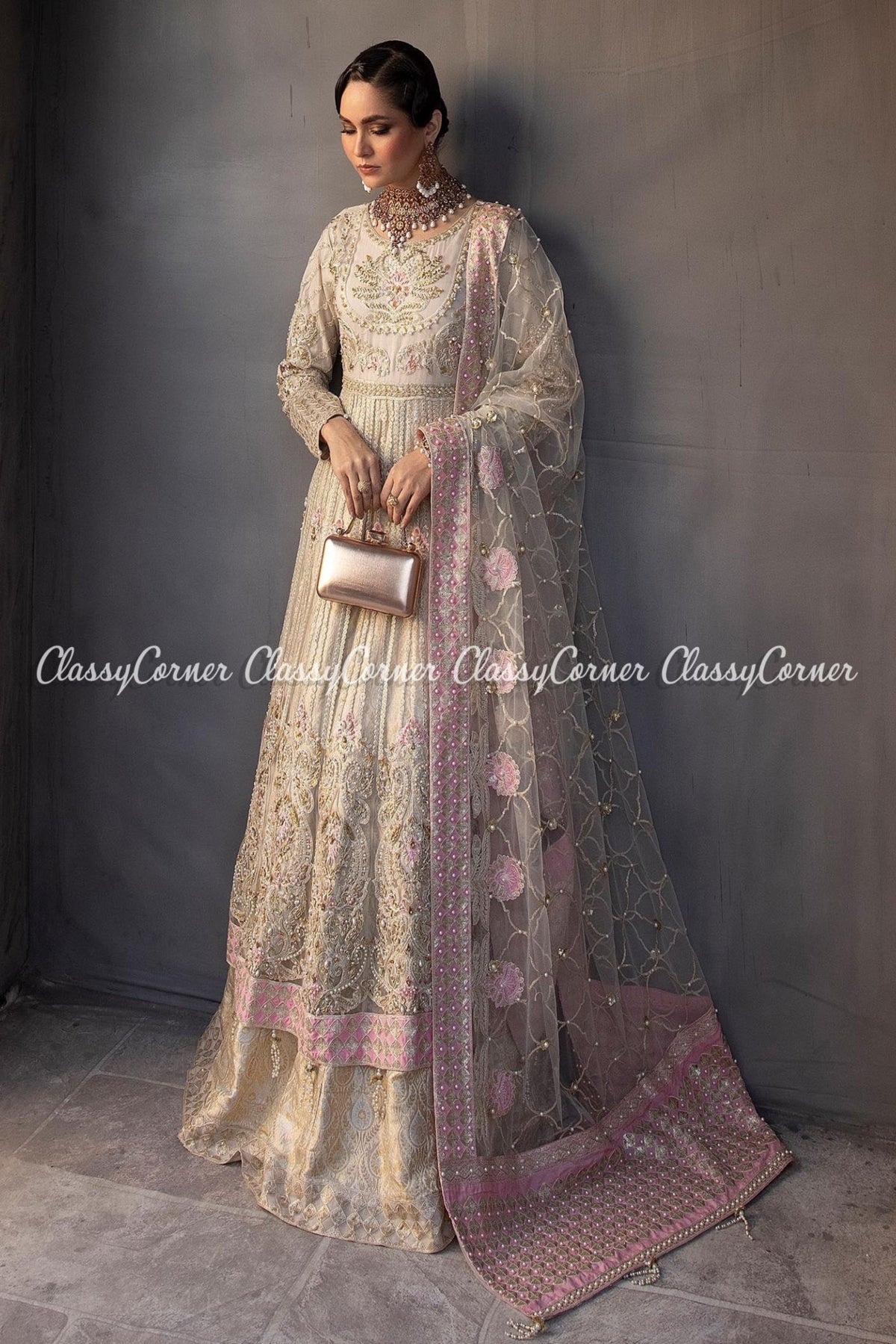 Cream Pink Net Embroidered Bridal Wear Gown