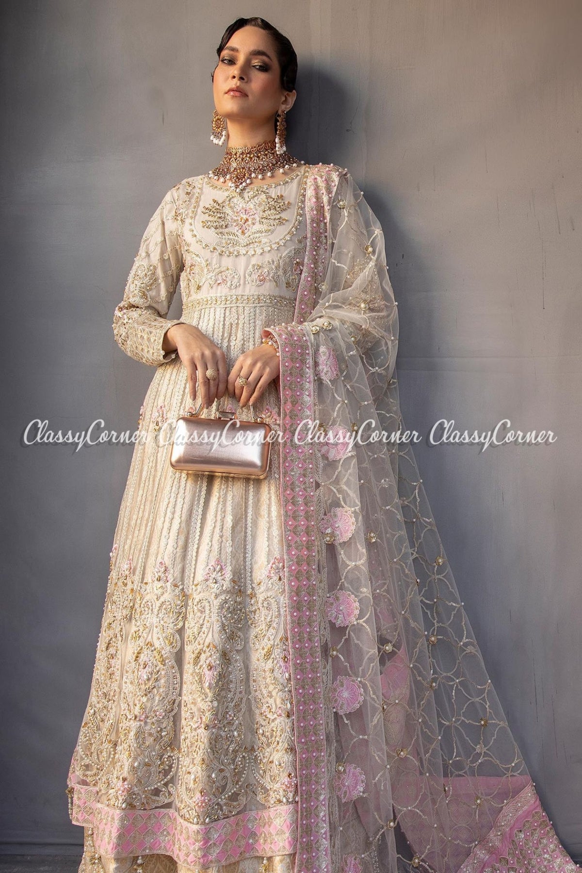 Cream Pink Net Embroidered Bridal Wear Gown