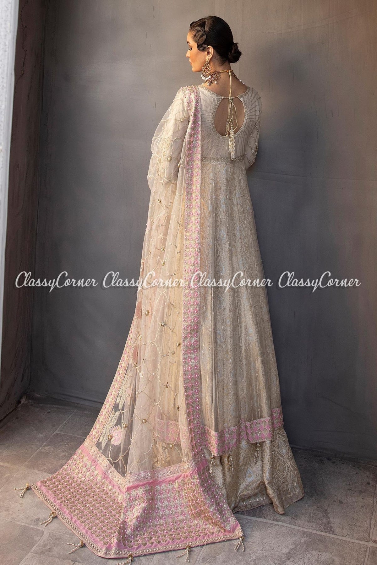 Cream Pink Net Embroidered Bridal Wear Gown