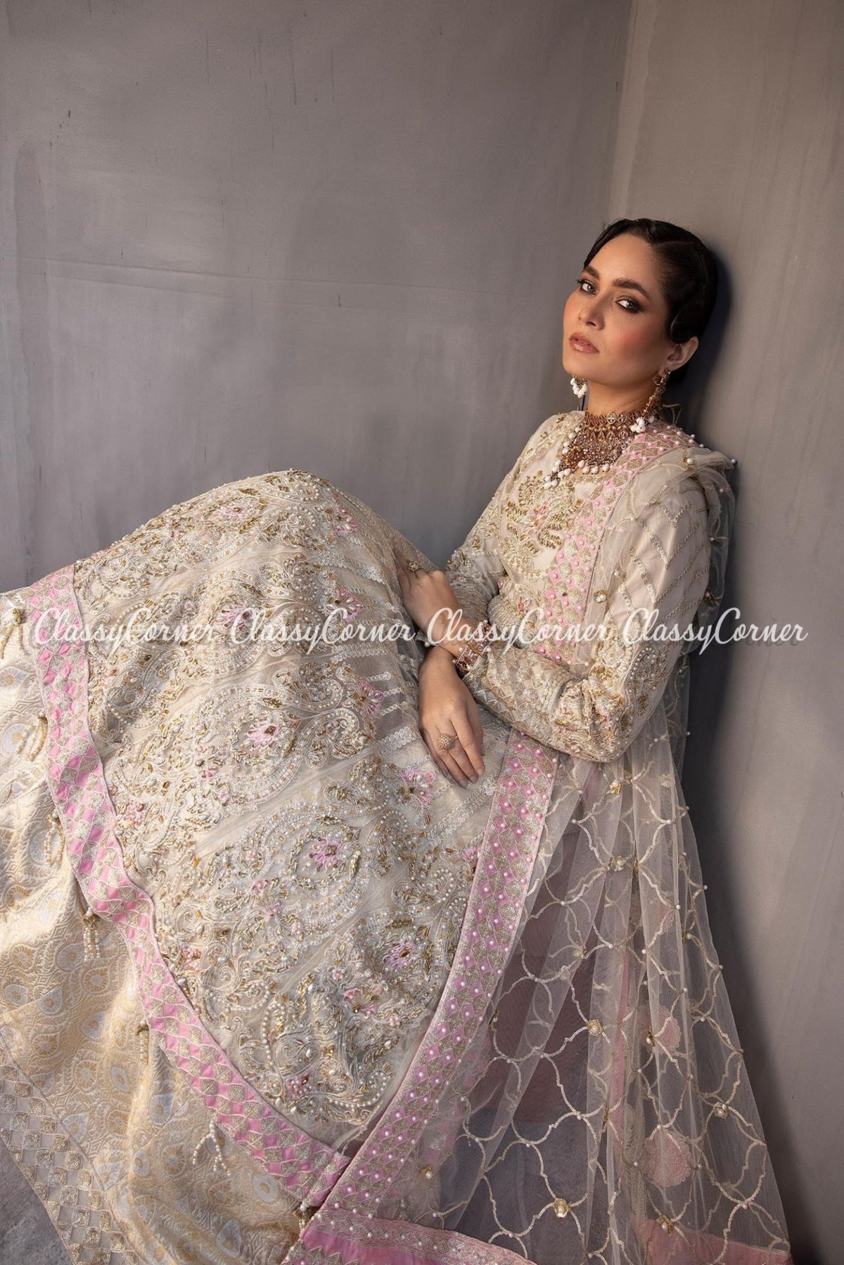 Cream Pink Net Embroidered Bridal Wear Gown