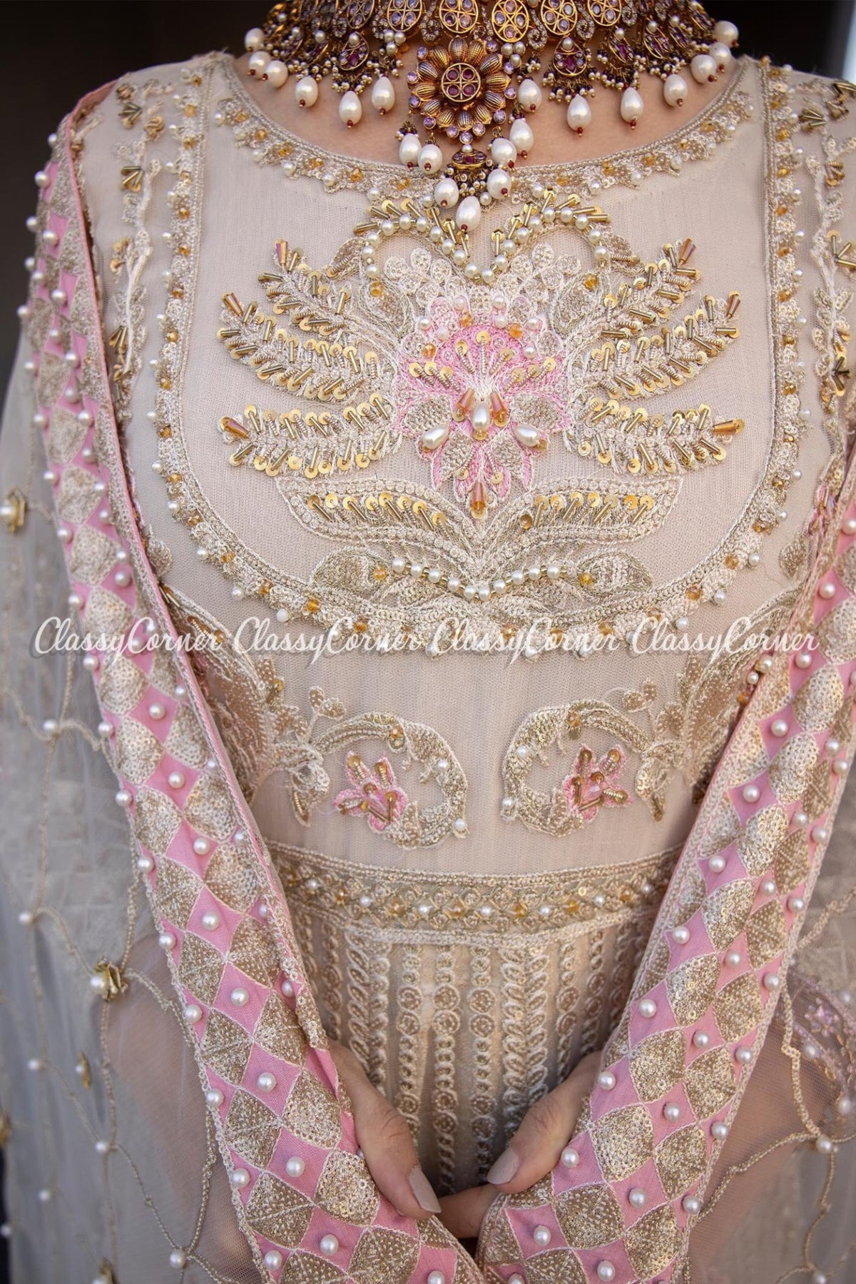 Cream Pink Net Embroidered Bridal Wear Gown