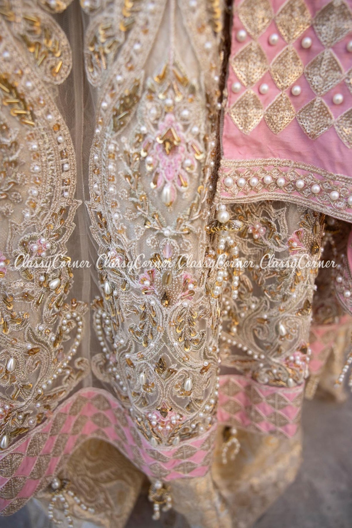 Cream Pink Net Embroidered Bridal Wear Gown