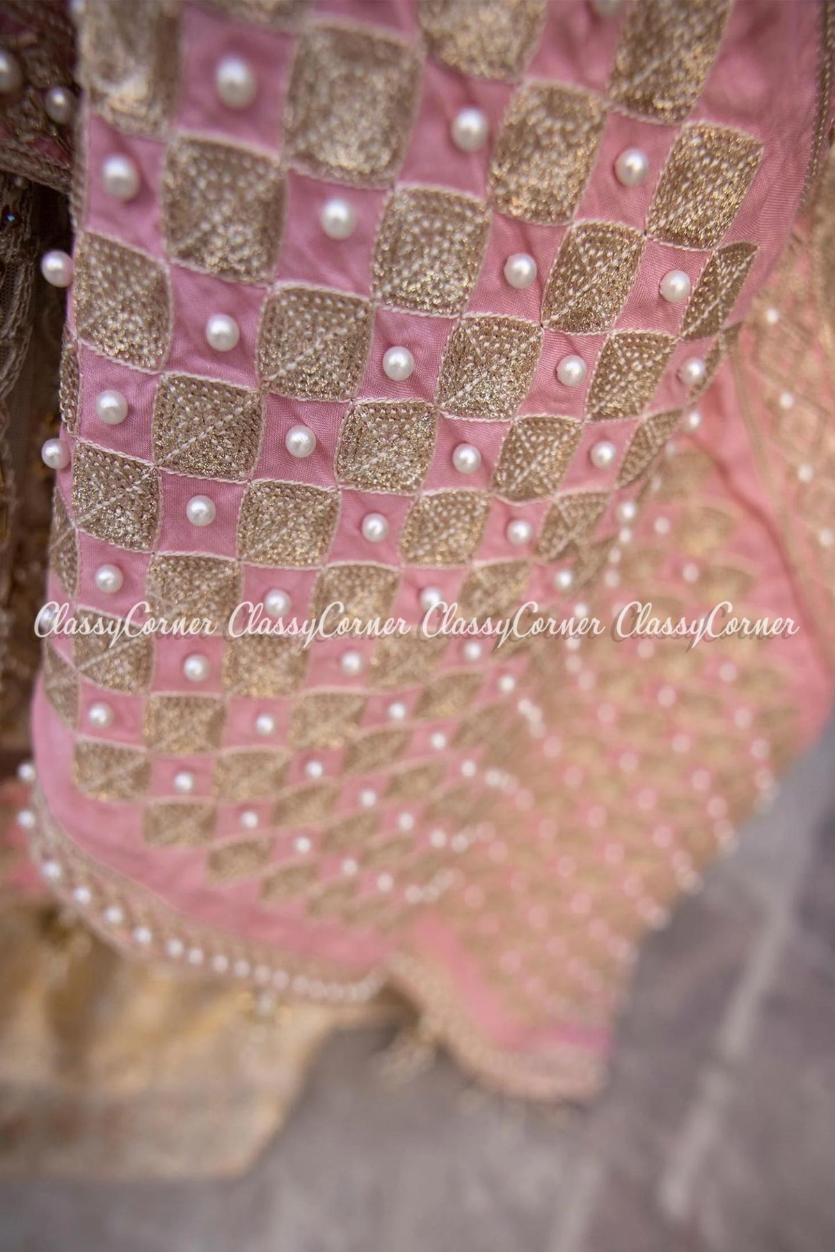 Cream Pink Net Embroidered Bridal Wear Gown