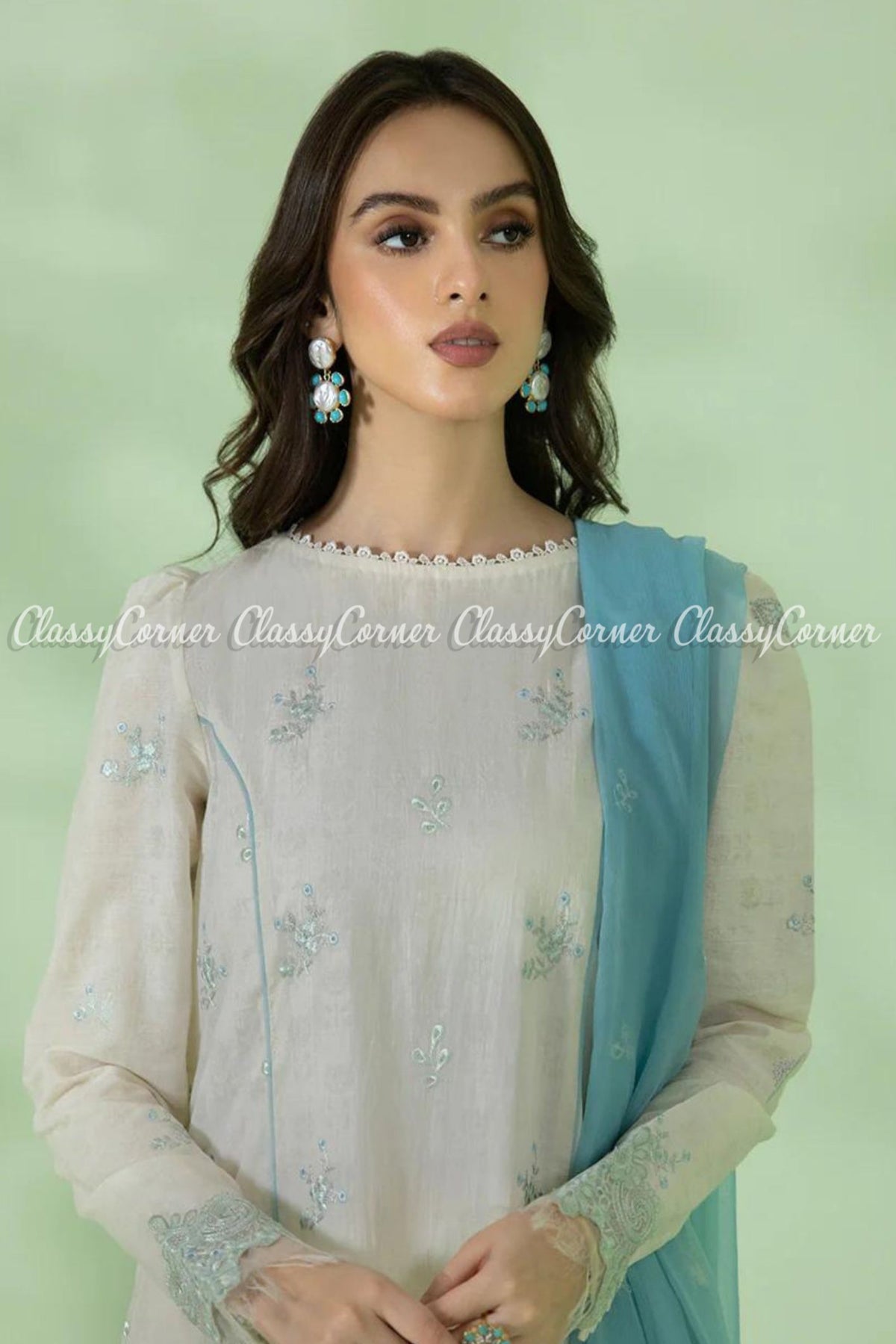 Cream White Aqua Cotton Embroidered Formal Salwar Kameez