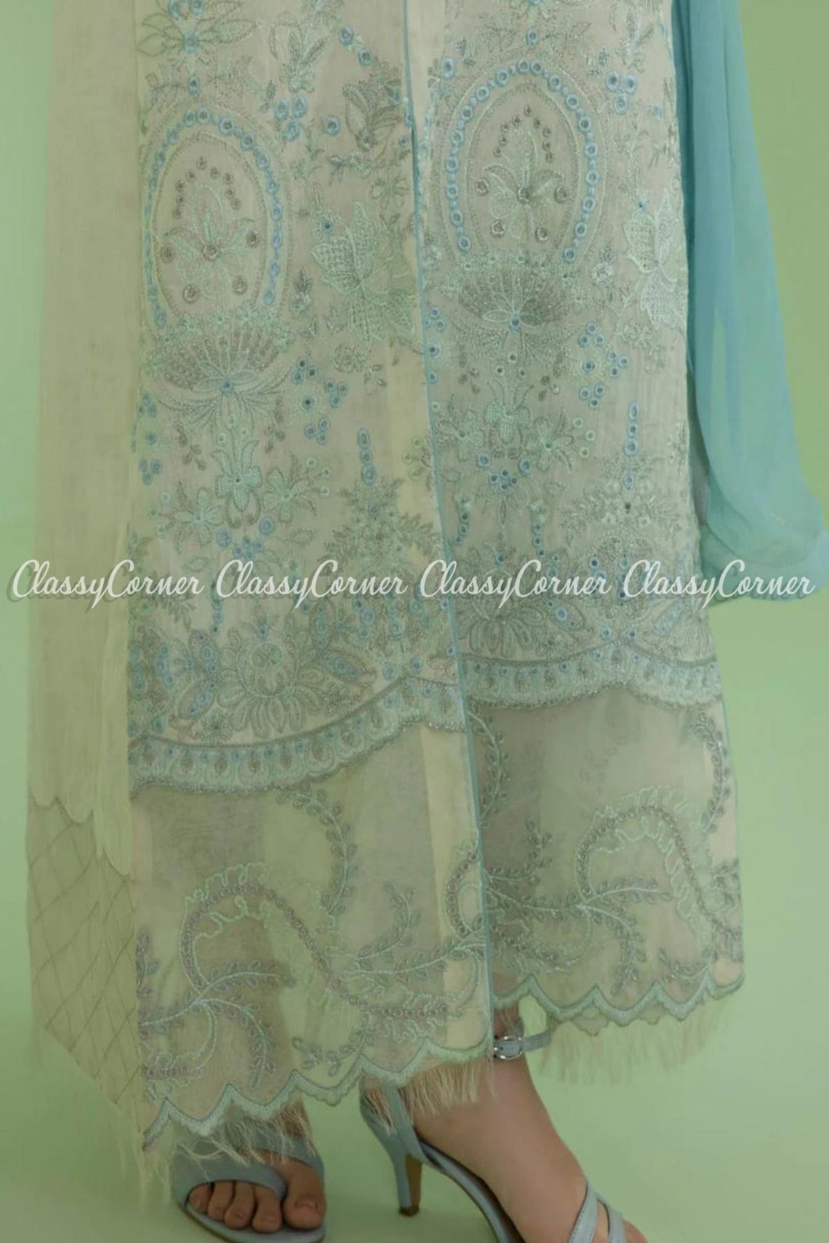 Cream White Aqua Cotton Embroidered Formal Salwar Kameez