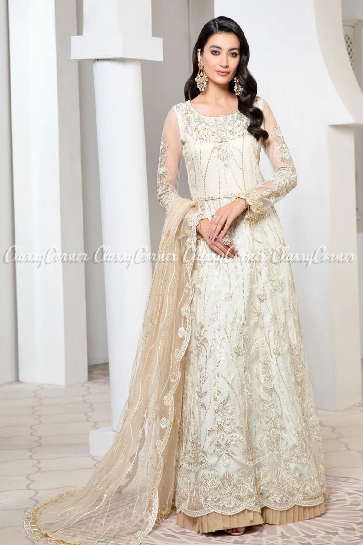 Cream White Beige Net Embroidered Party Wear Gown Outfits - Classy Corner