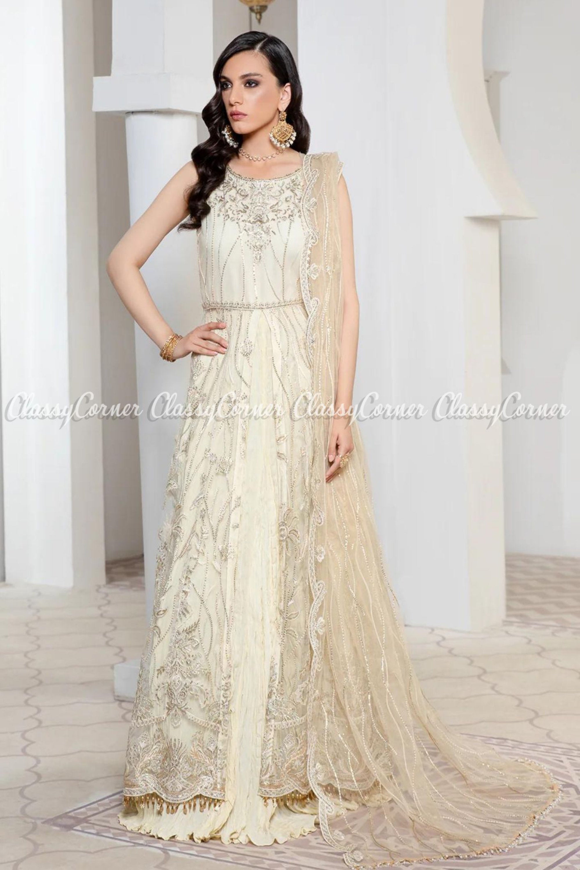 Cream White Beige Net Embroidered Party Wear Gown Outfits - Classy Corner