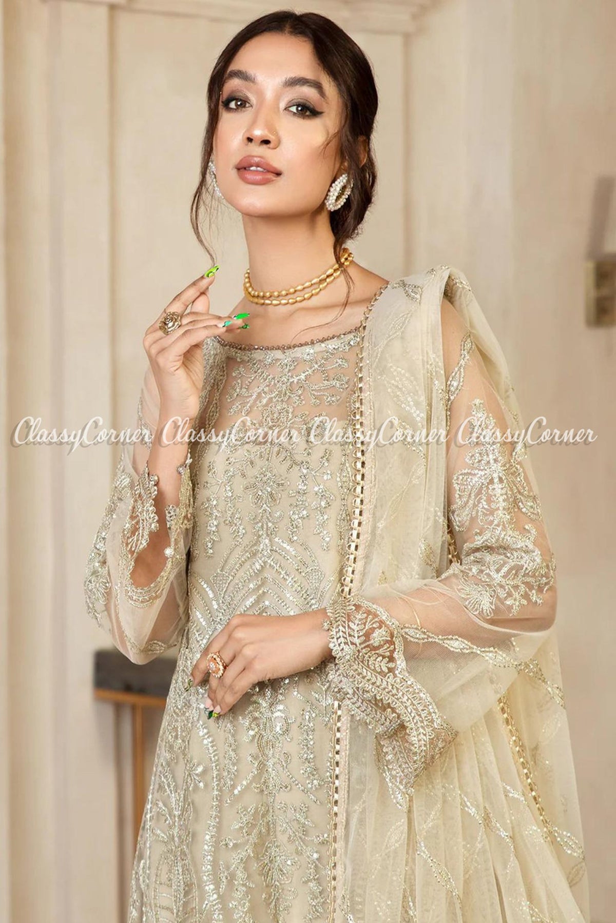 Light Beige Net Embroidered Pakistani Formal Wear Salwar Kameez